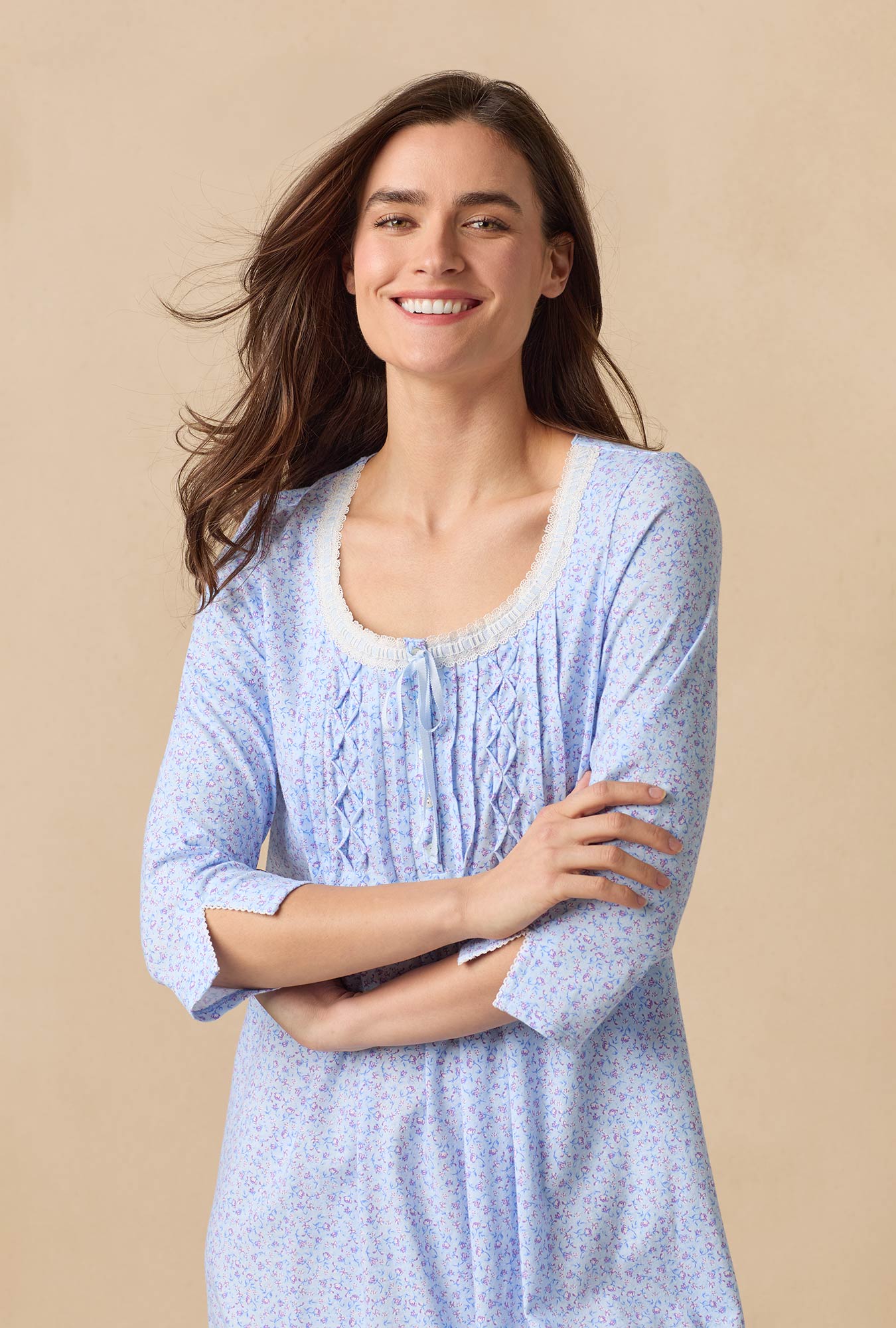 A lady wearing Dreamy Ditsy 3/4 Sleeve Cotton Short Nightgown