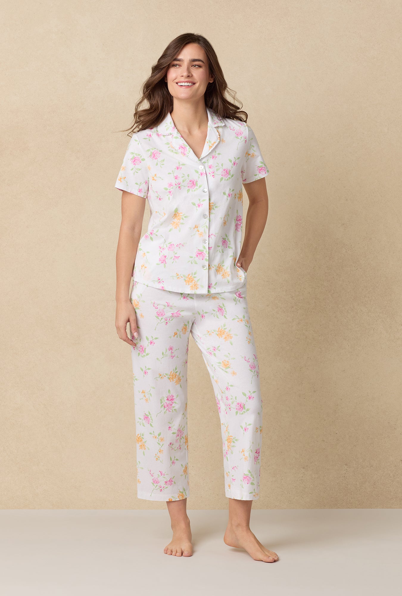 A lady wearing Cottage Garden Cotton Capri Pajama Set