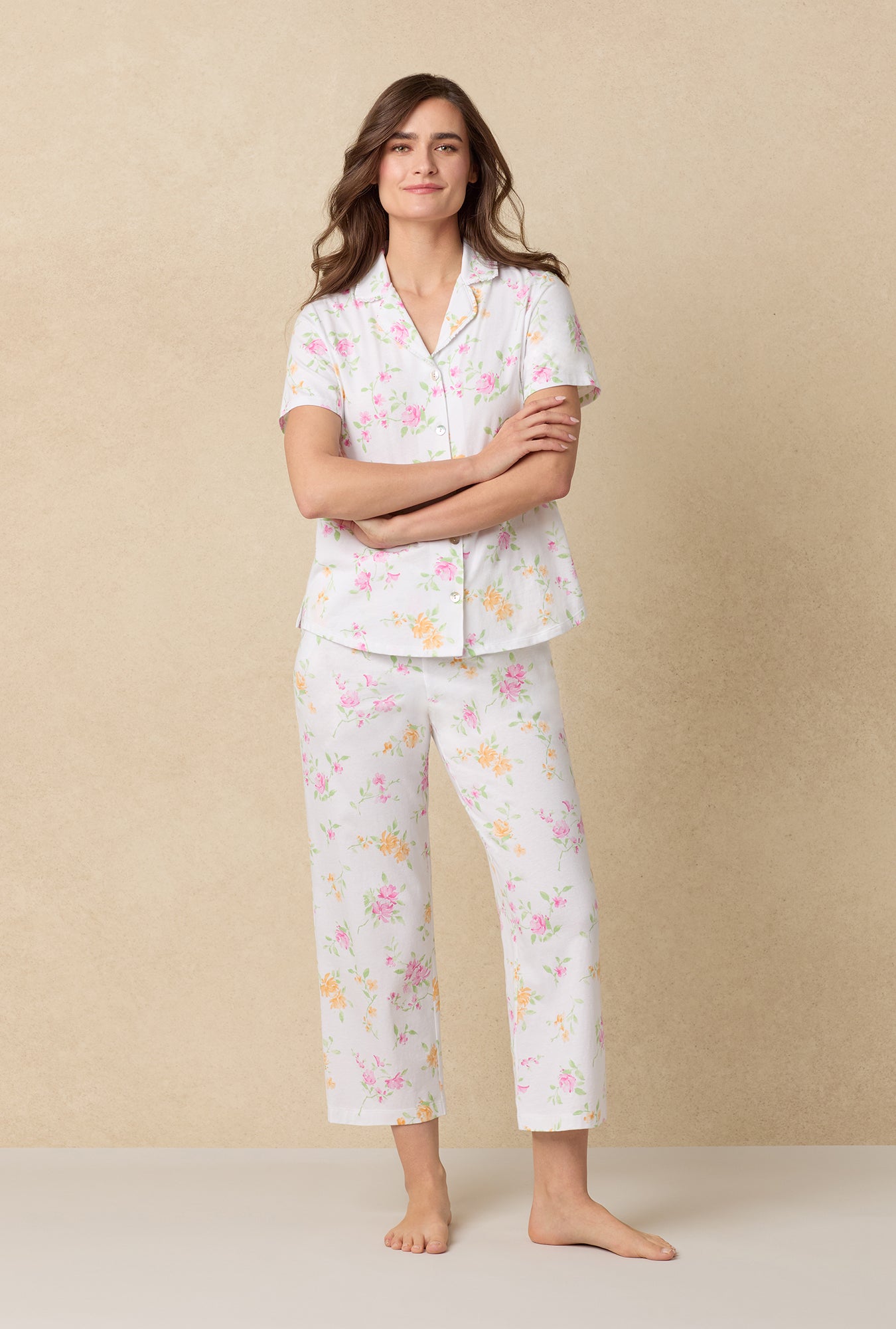A lady wearing Cottage Garden Cotton Capri Pajama Set
