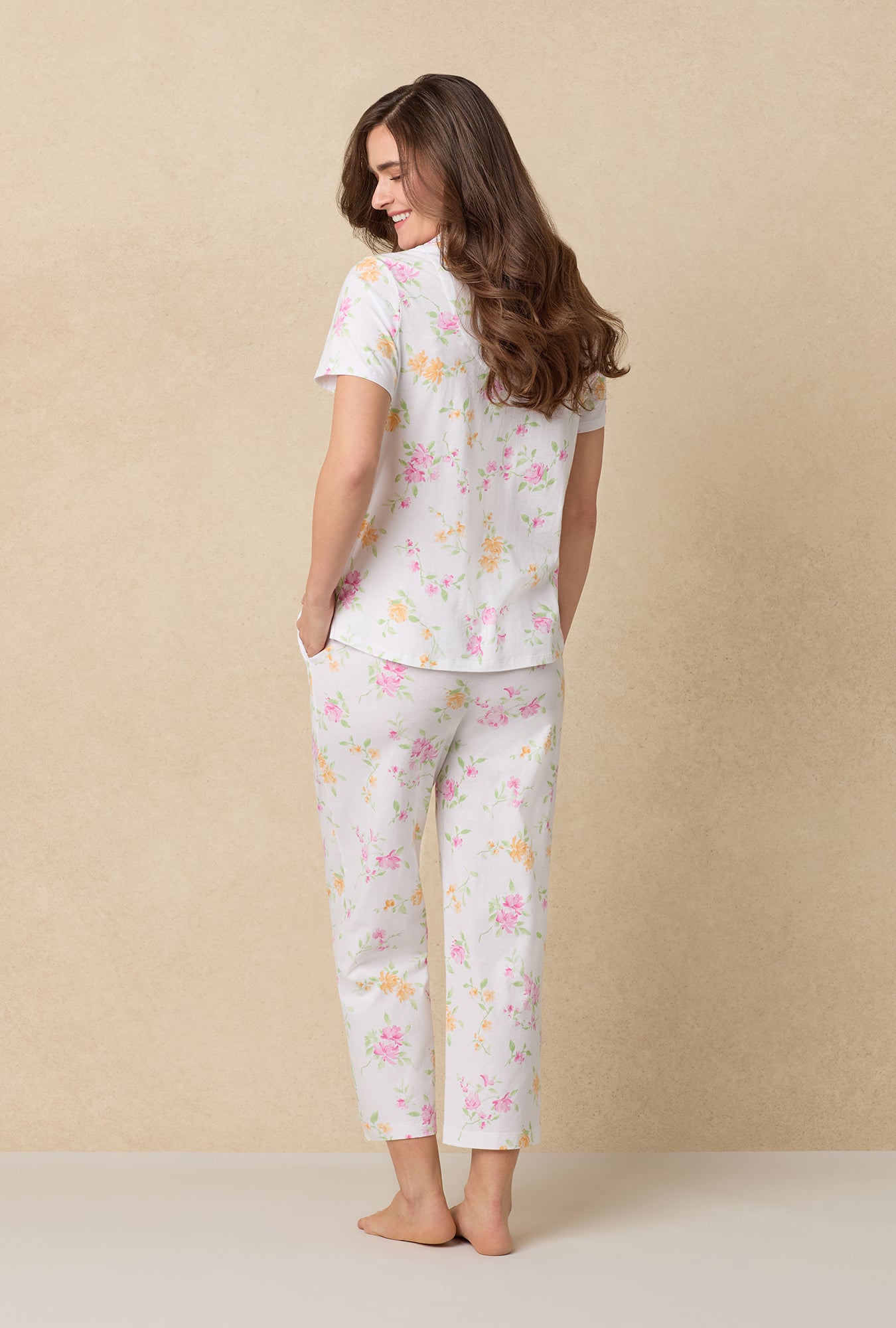 A lady wearing Cottage Garden Cotton Capri Pajama Set