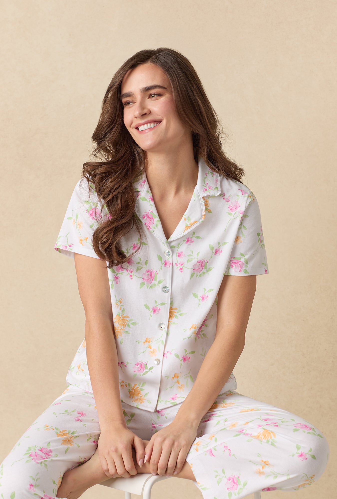 A lady wearing Cottage Garden Cotton Capri Pajama Set