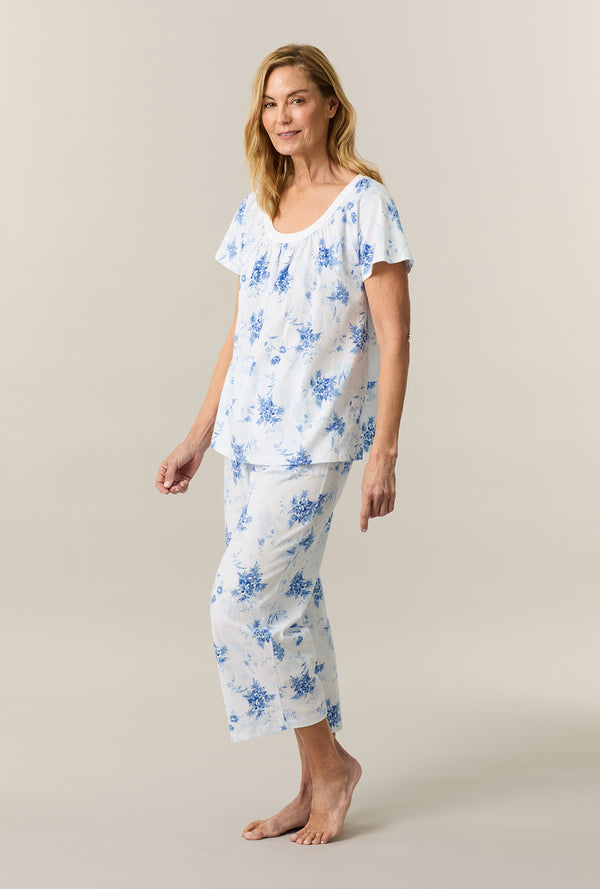 Naptime ミニポーチ INDIGO White Floral Cotton Capri Pajama Set - Carole Hochman