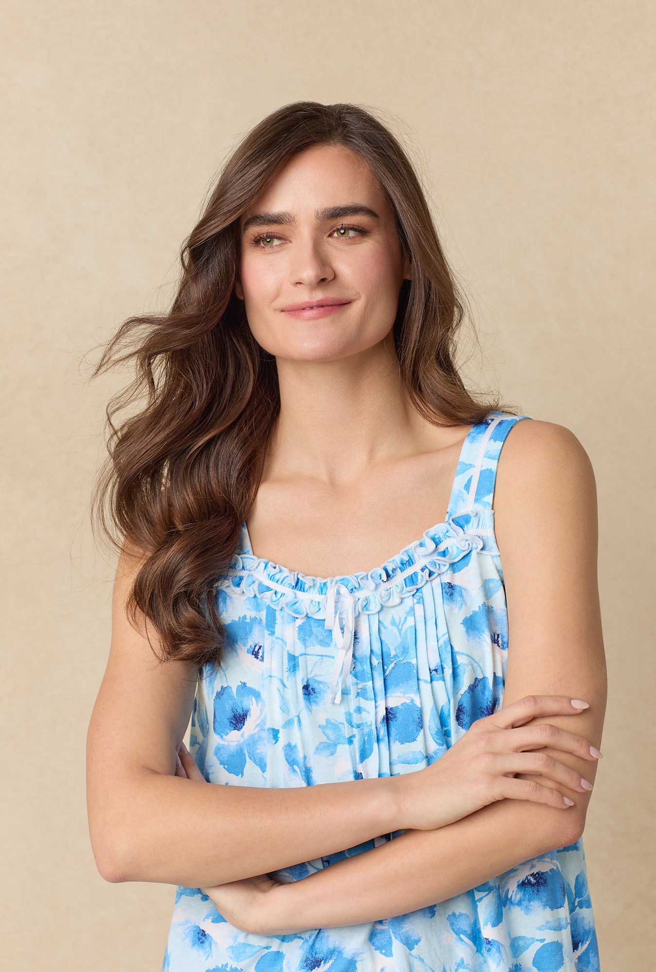 A lady wearing Blue Poppy Cotton Waltz Nightgown