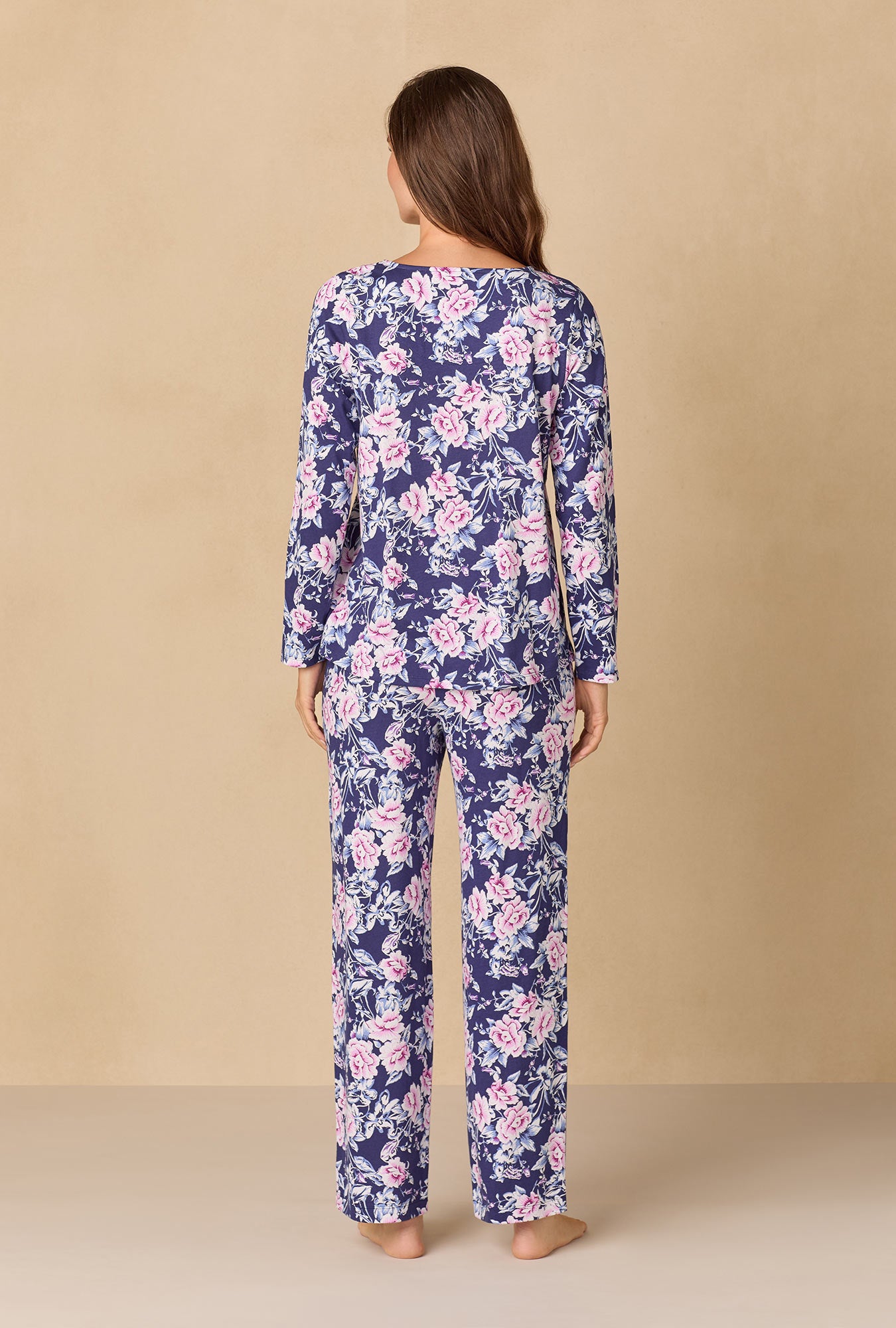 A lady wearing Midnight Garden Floral Cotton Knit Long Pajama
