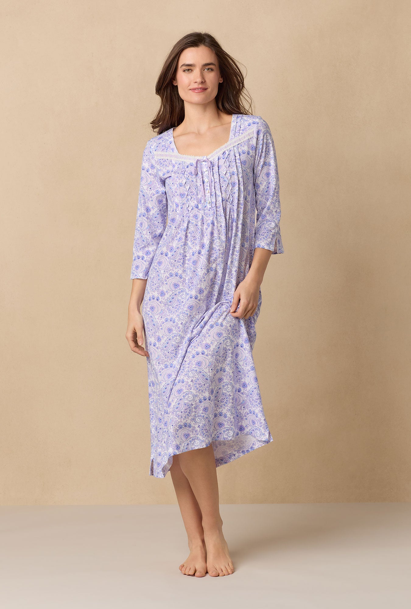 A lady wearing Purple Paisley Long Sleeve Cotton Ballet Nightgown