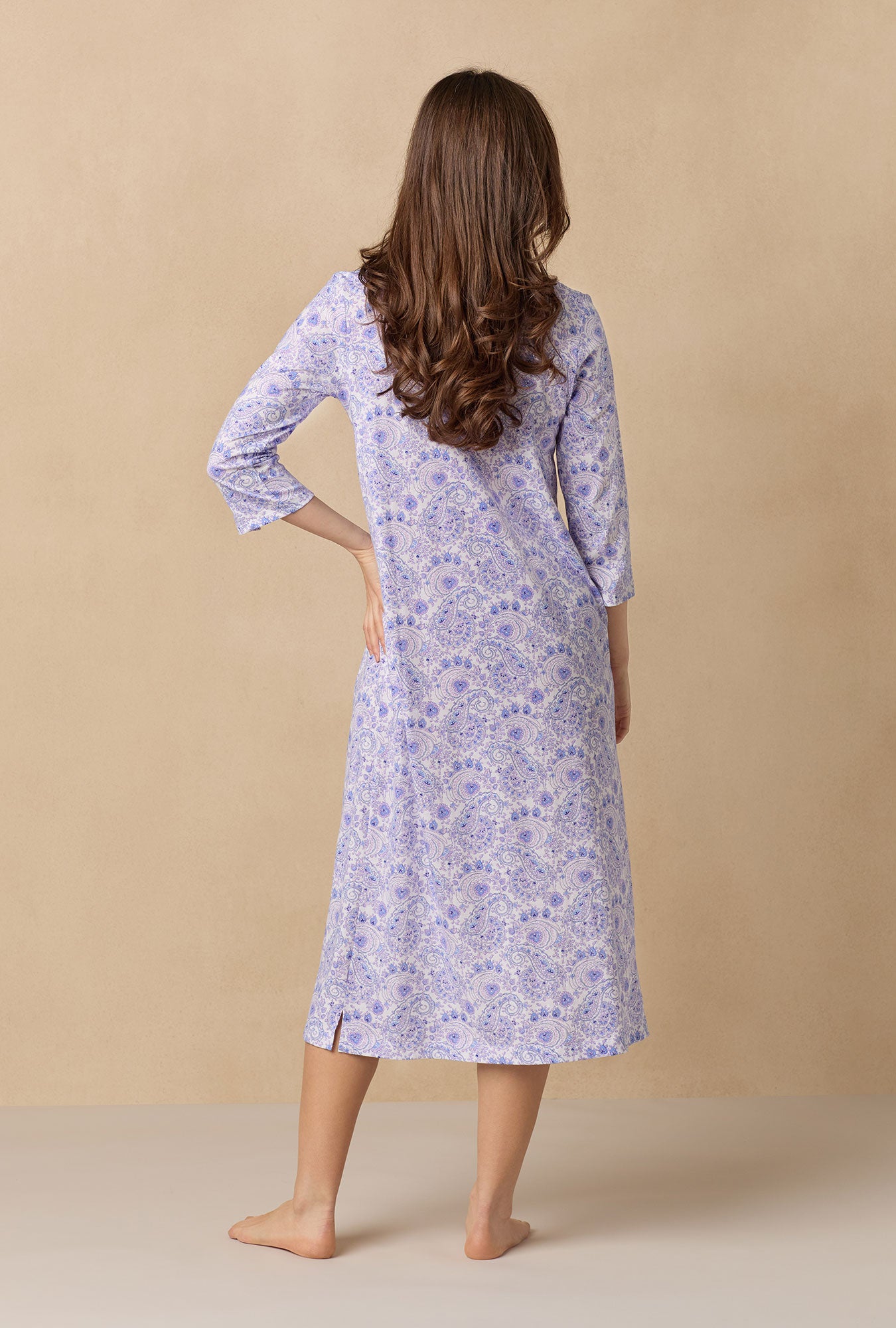 A lady wearing Purple Paisley Long Sleeve Cotton Ballet Nightgown