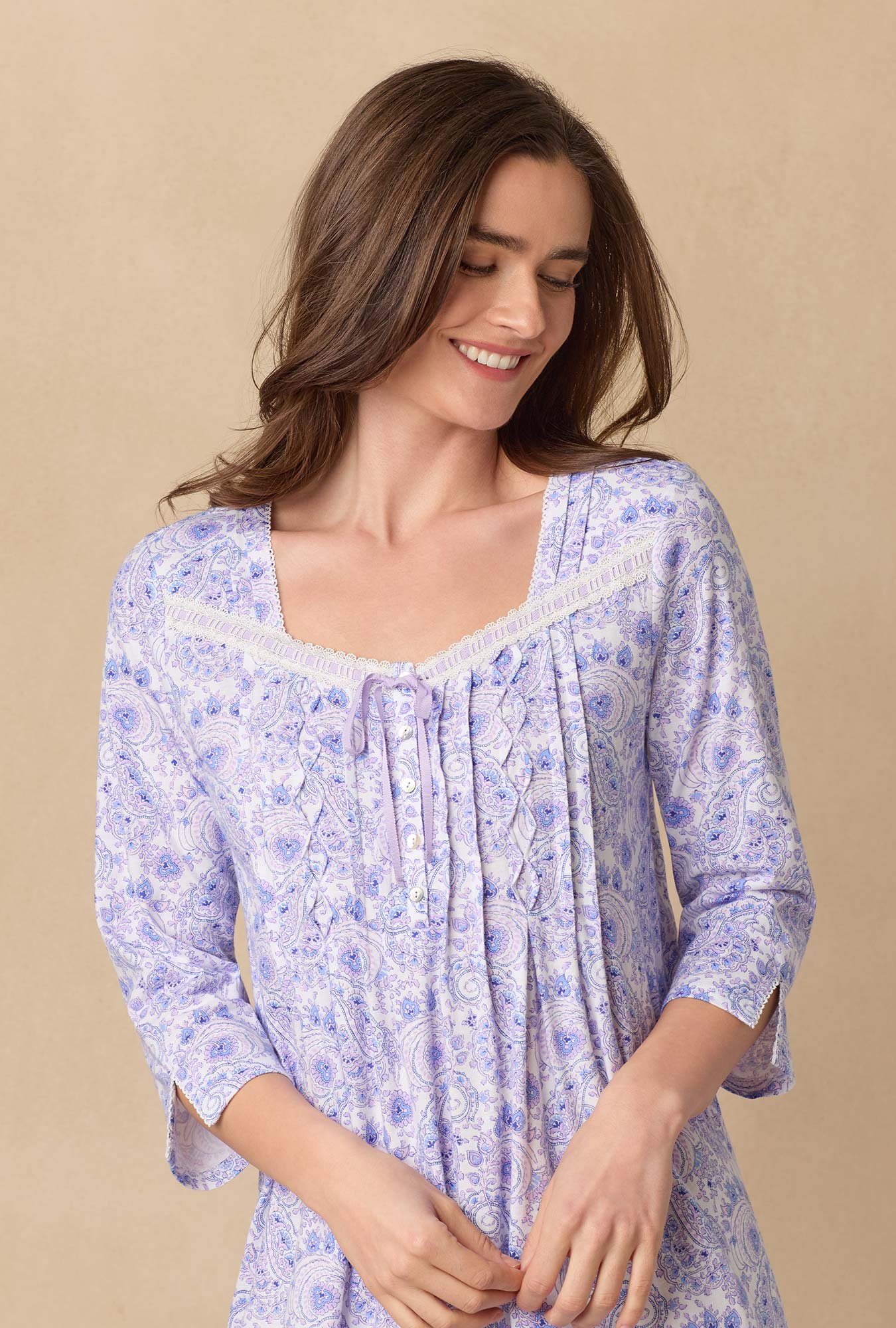 A lady wearing Purple Paisley Long Sleeve Cotton Ballet Nightgown