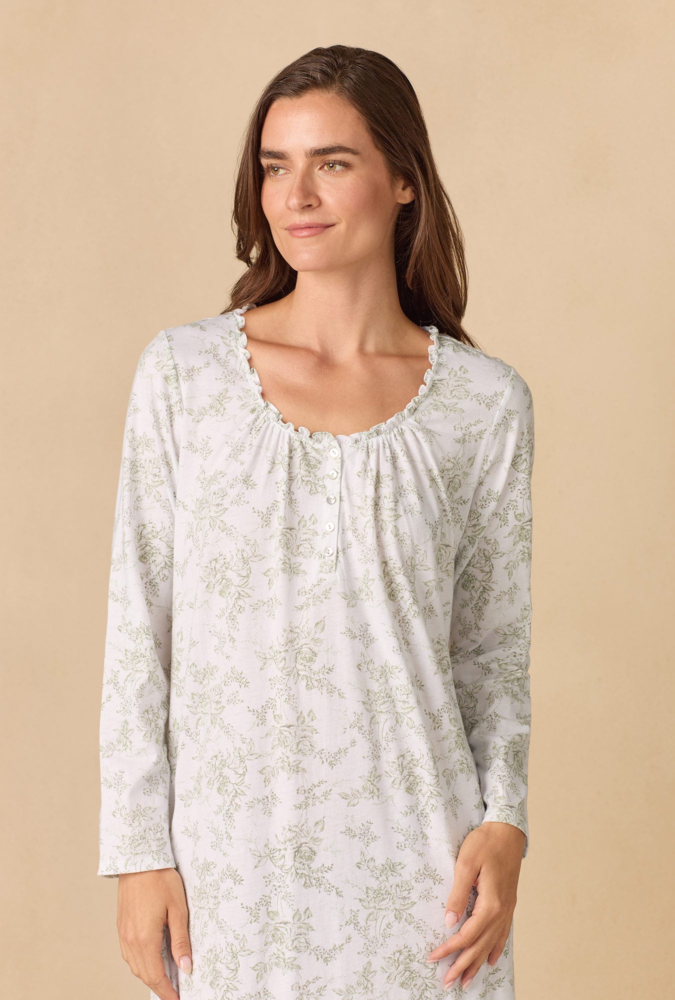 A lady wearing Whispering Rose Toile Long Cotton Knit Nightgown
