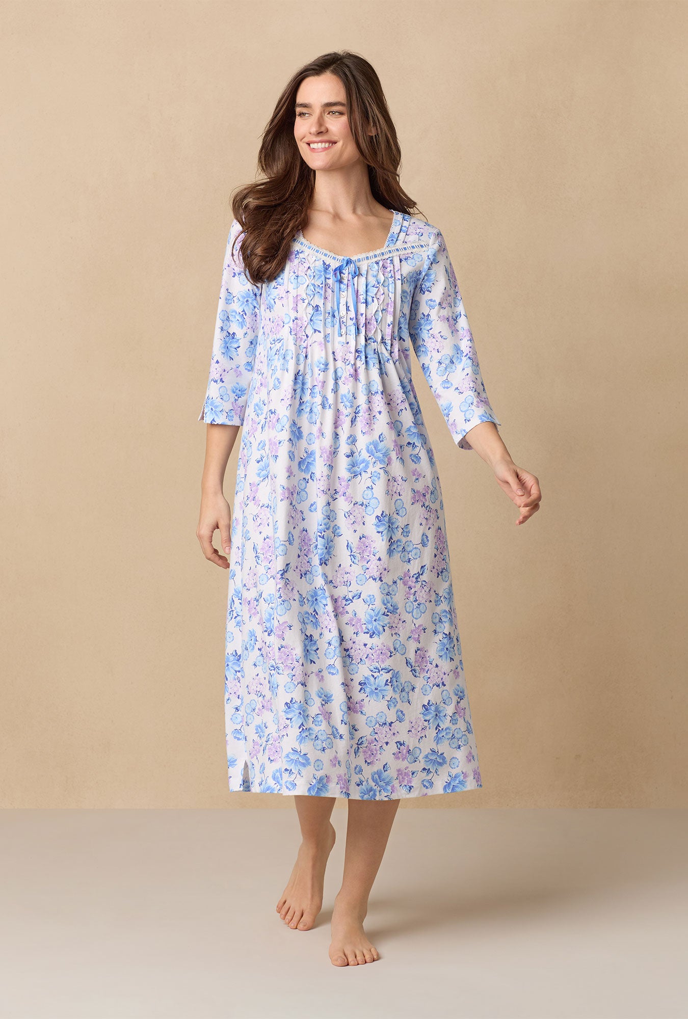 A lady wearing Purple Hydrangea Long Sleeve Cotton Ballet Nightgown