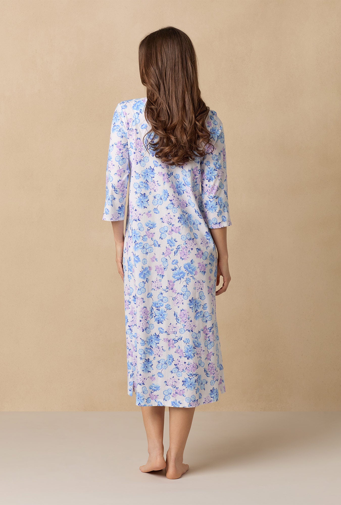 A lady wearing Purple Hydrangea Long Sleeve Cotton Ballet Nightgown