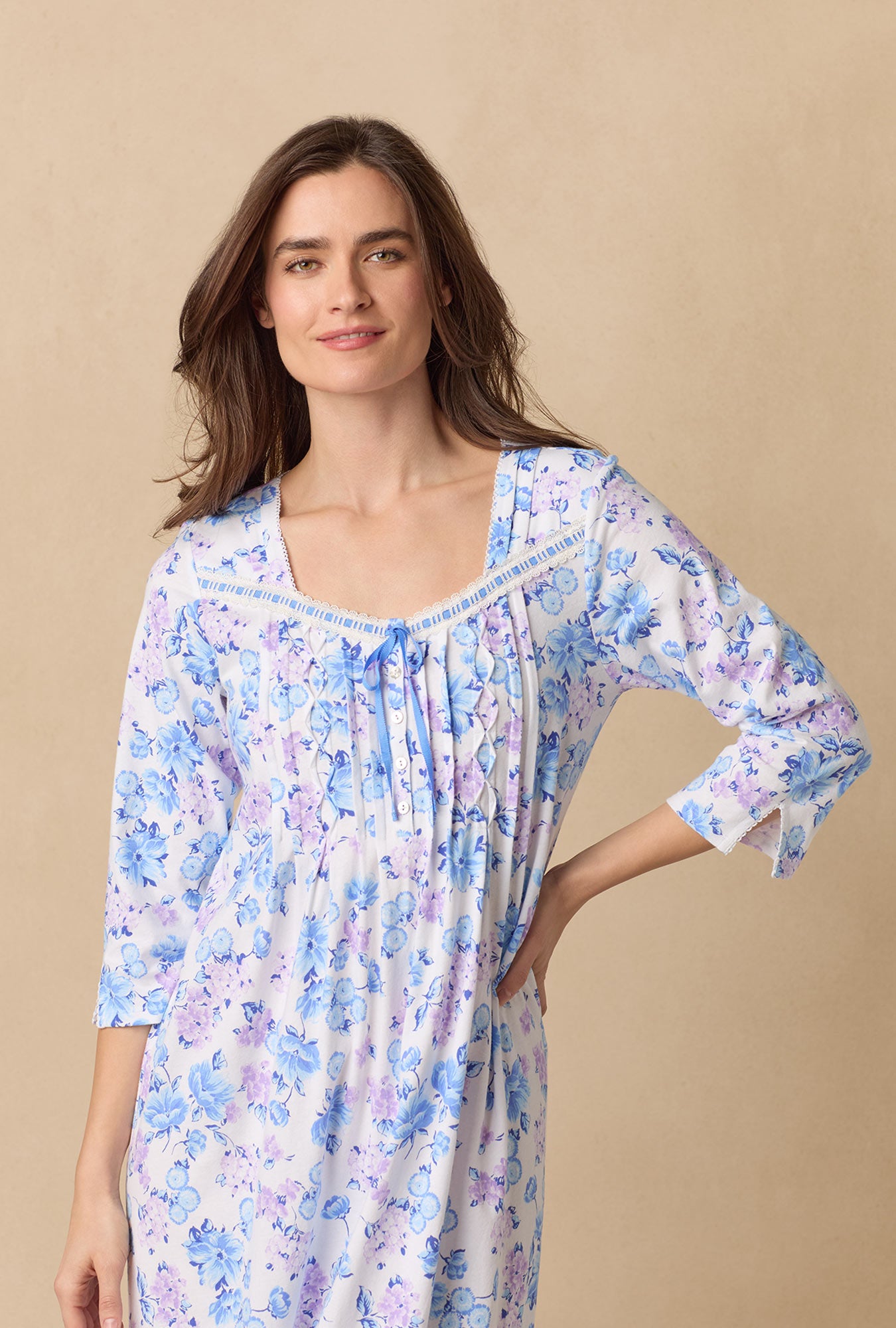 A lady wearing Purple Hydrangea Long Sleeve Cotton Ballet Nightgown