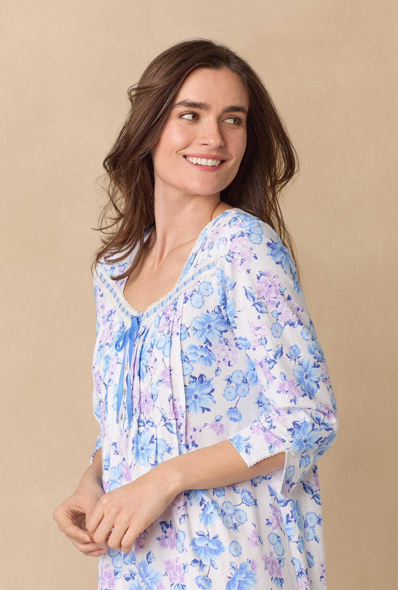 A lady wearing Purple Hydrangea Long Sleeve Cotton Ballet Nightgown