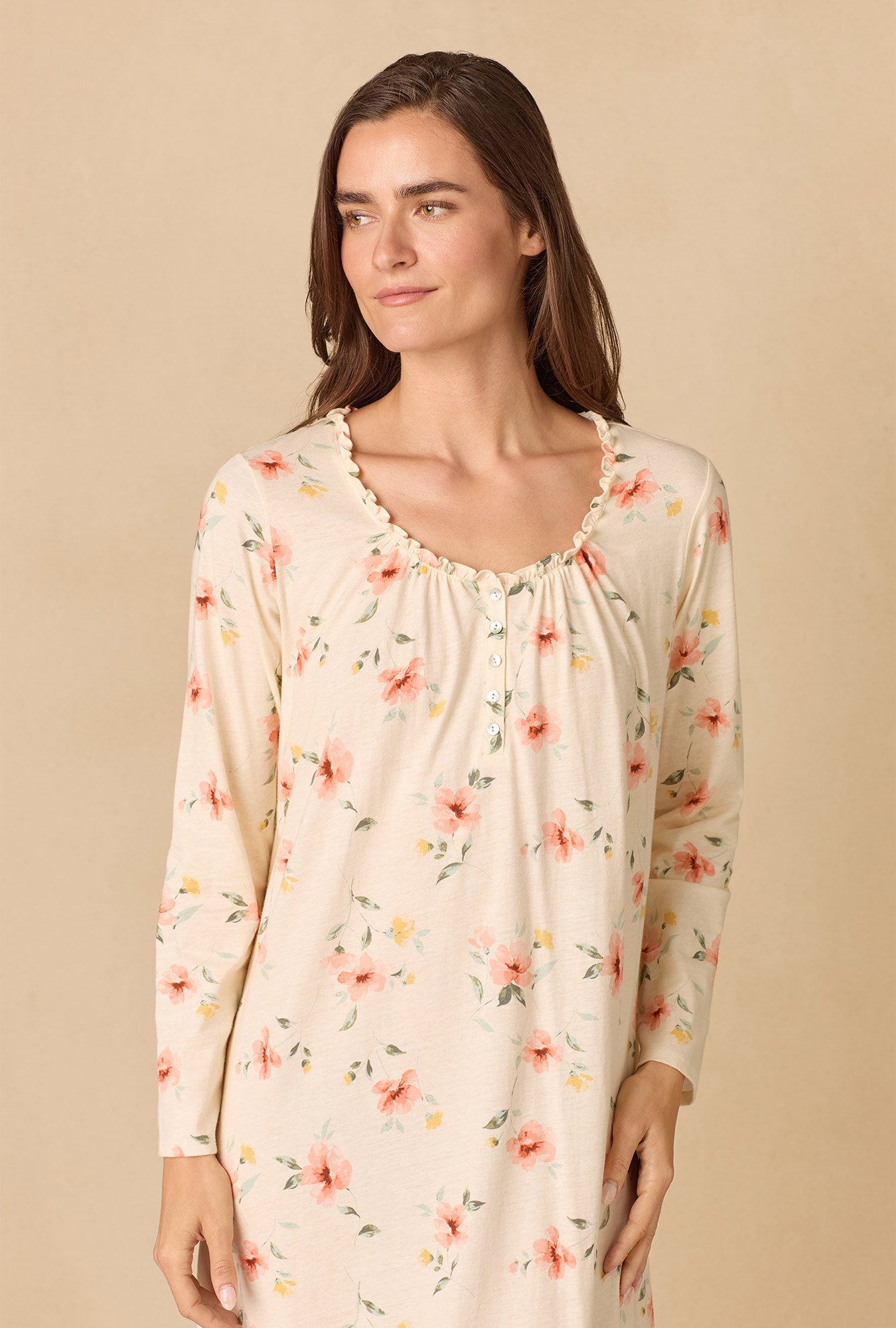 A lady wearing Sunlit Meadow Long Cotton Knit Nightgown