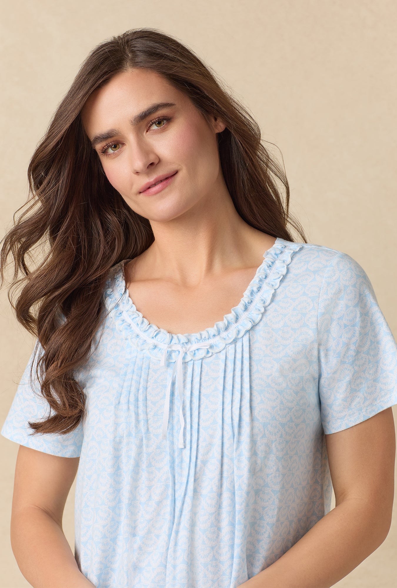A lady wearing Blue Shells Cotton Short Nightgown