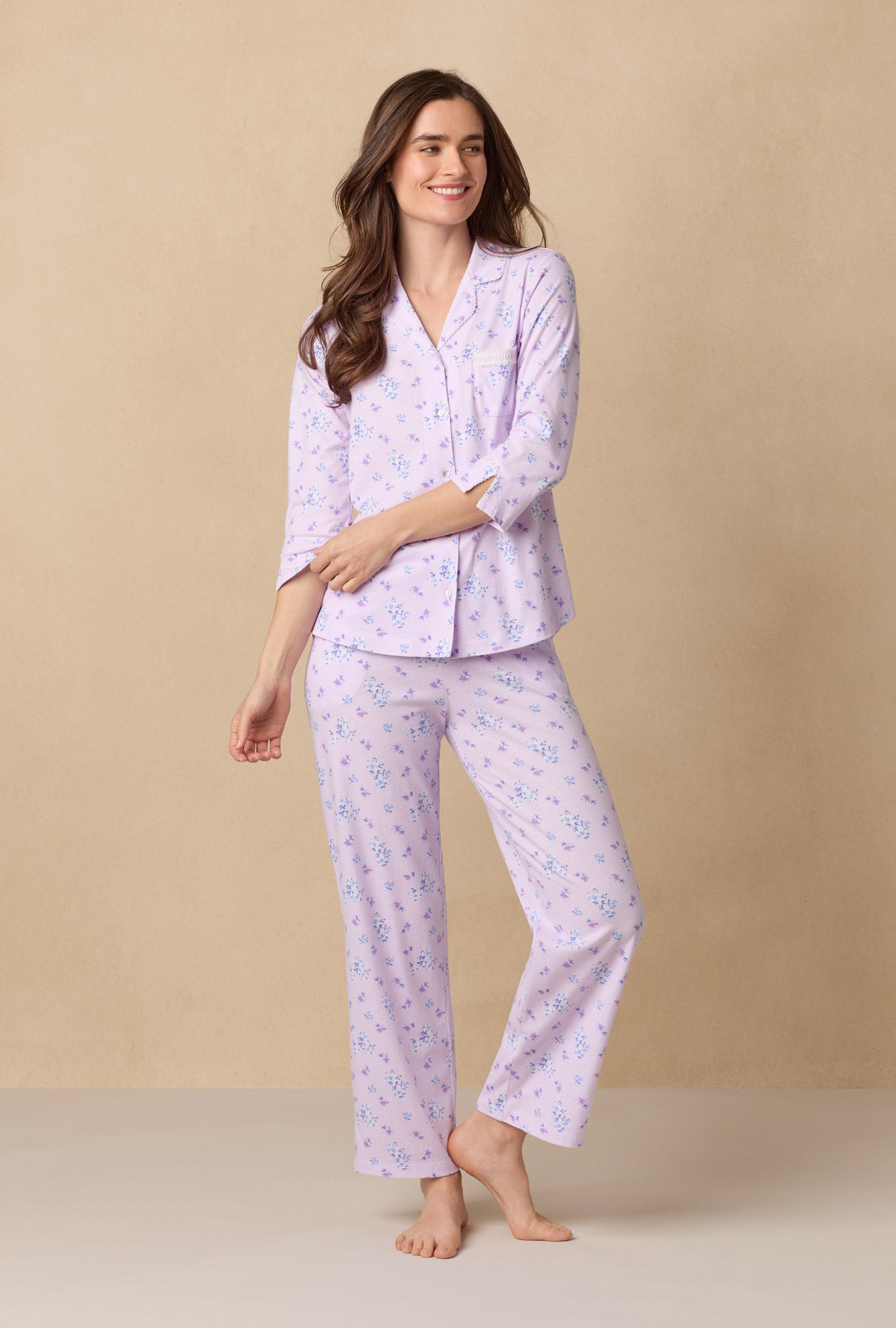 A lady wearing Mini Floral Cotton Long Pajama Set