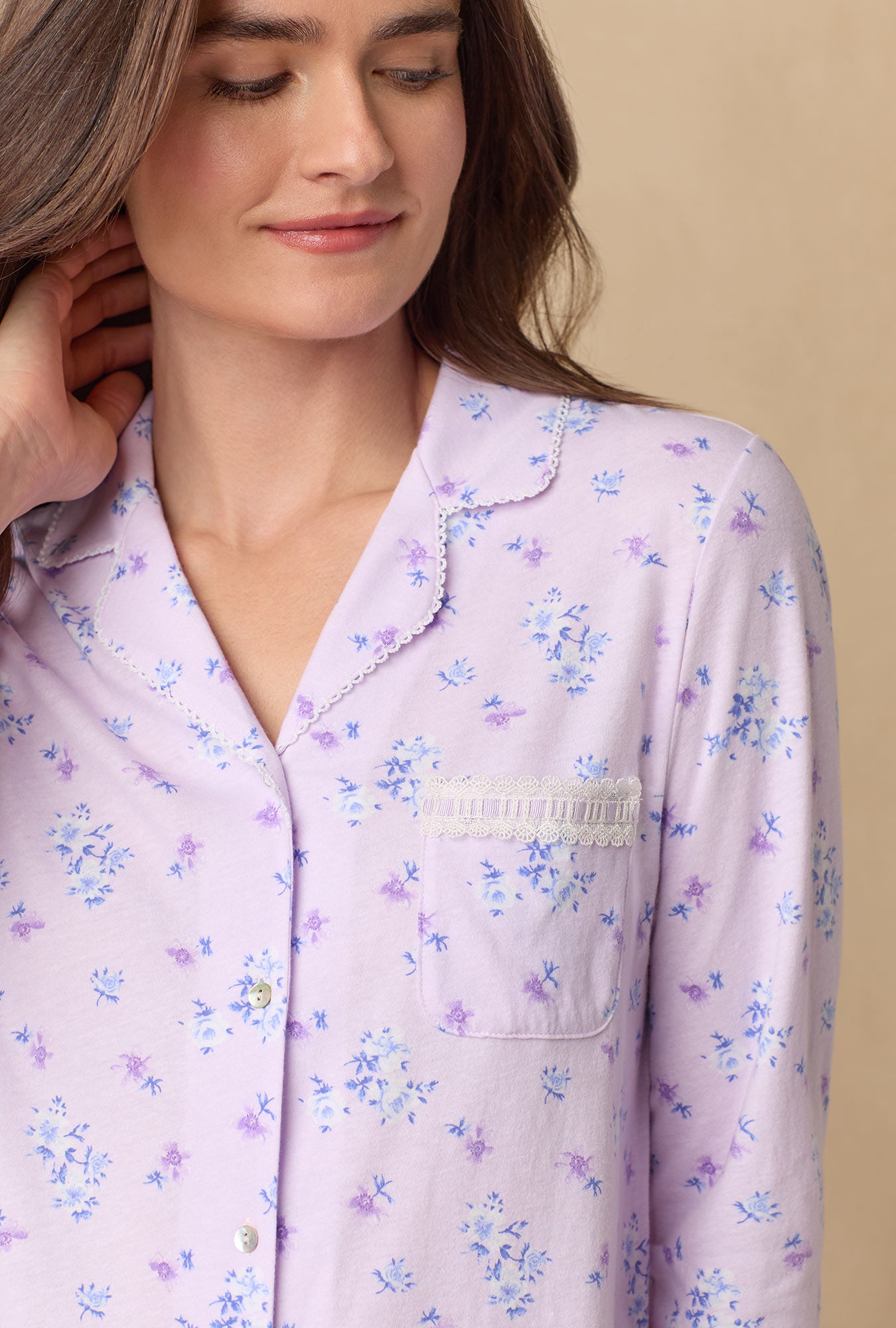 A lady wearing Mini Floral Cotton Long Pajama Set