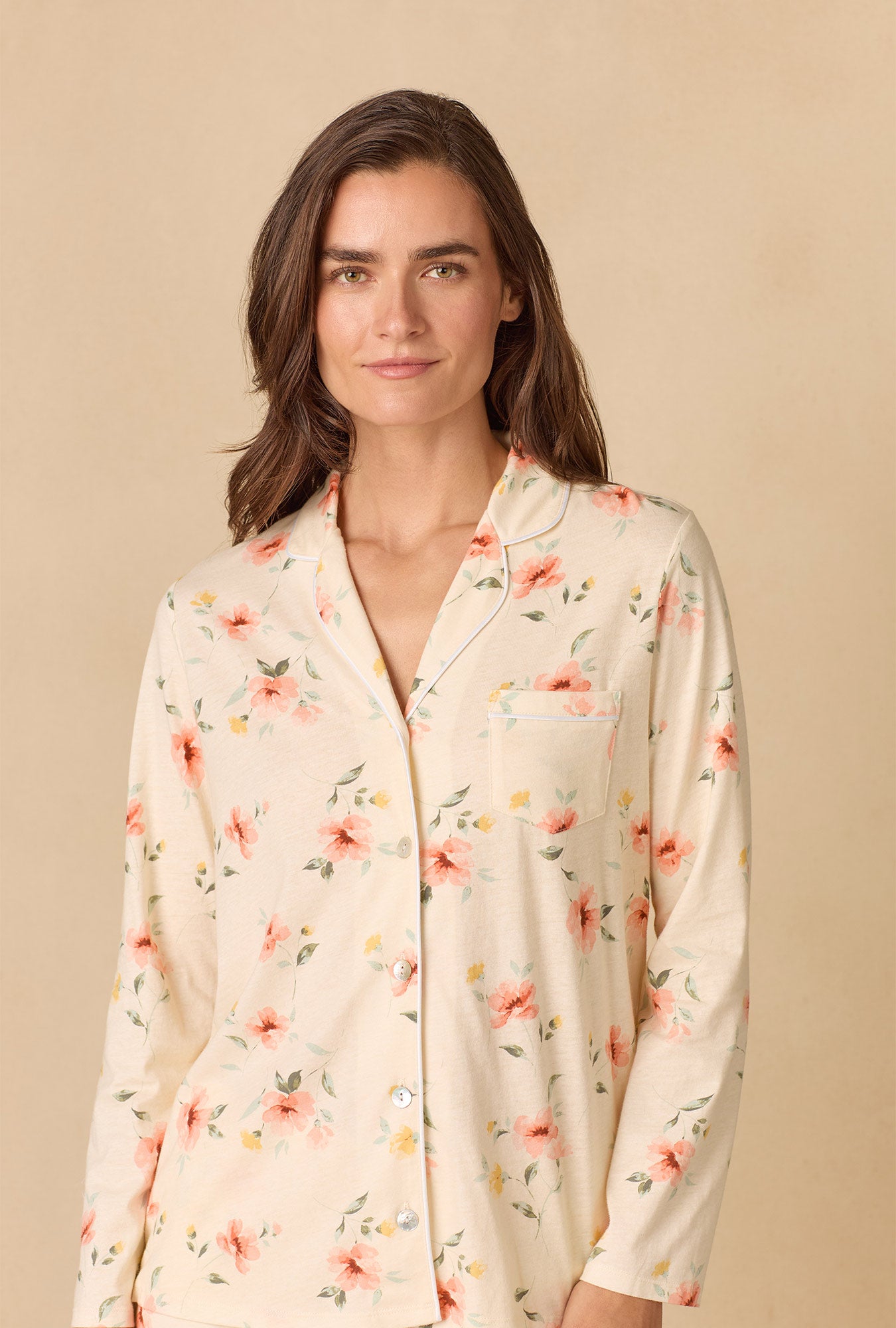 A lady wearing Sunlit Meadow Long Cotton Knit Pajama