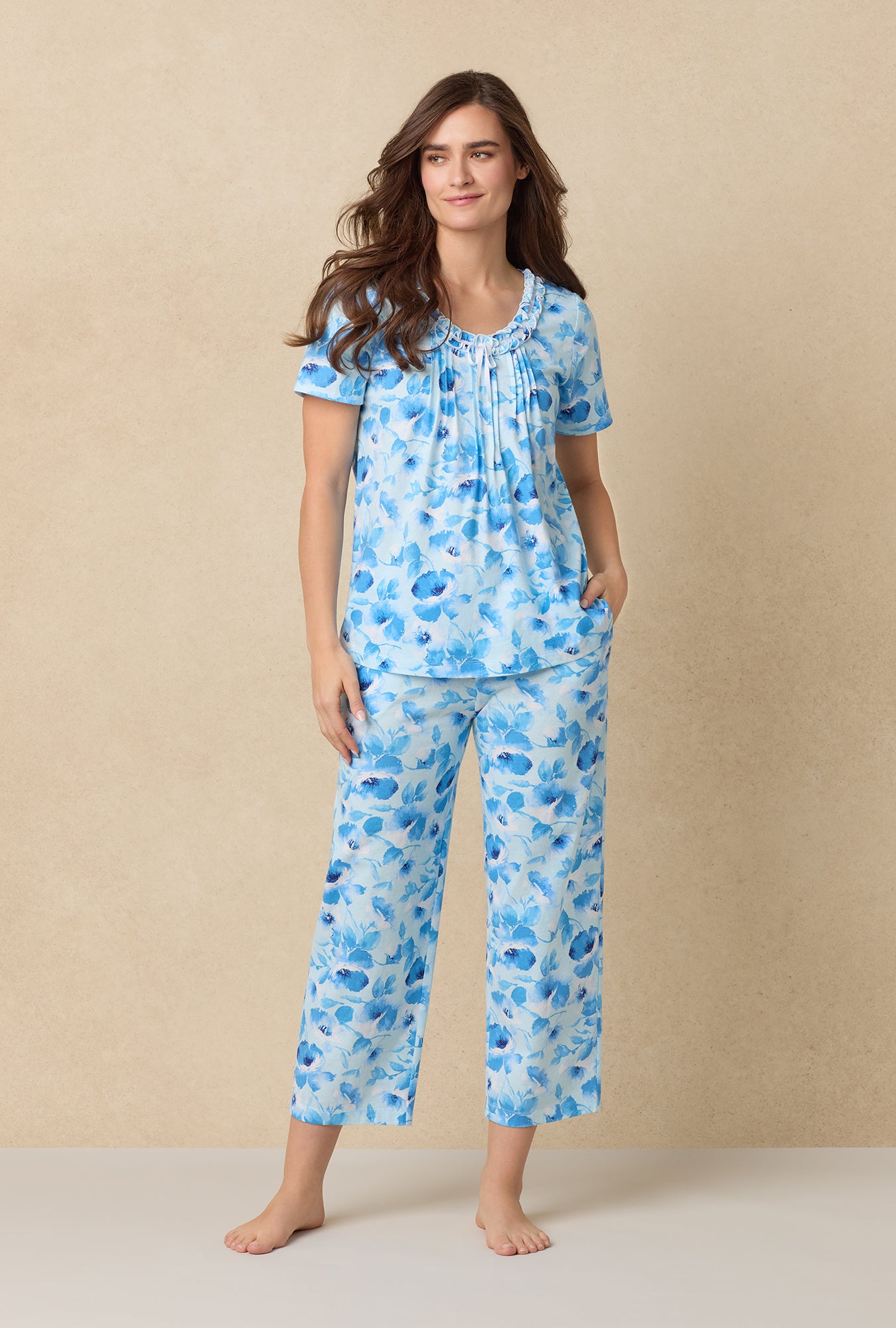 A lady wearing Blue Poppy Cotton Capri Pajama Set