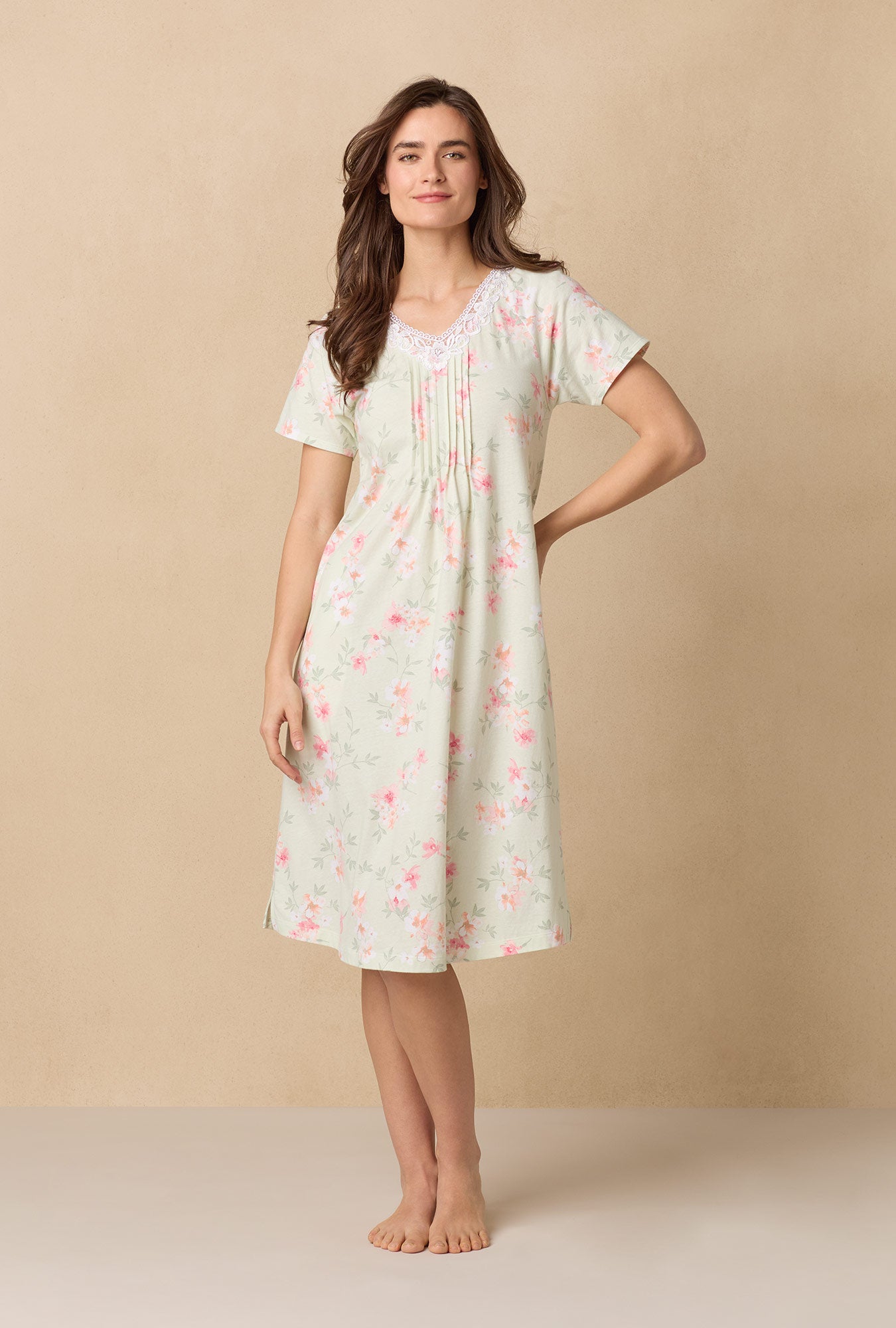 A lady wearing Sage Floral Bloom Waltz Cotton Knit Nightgown