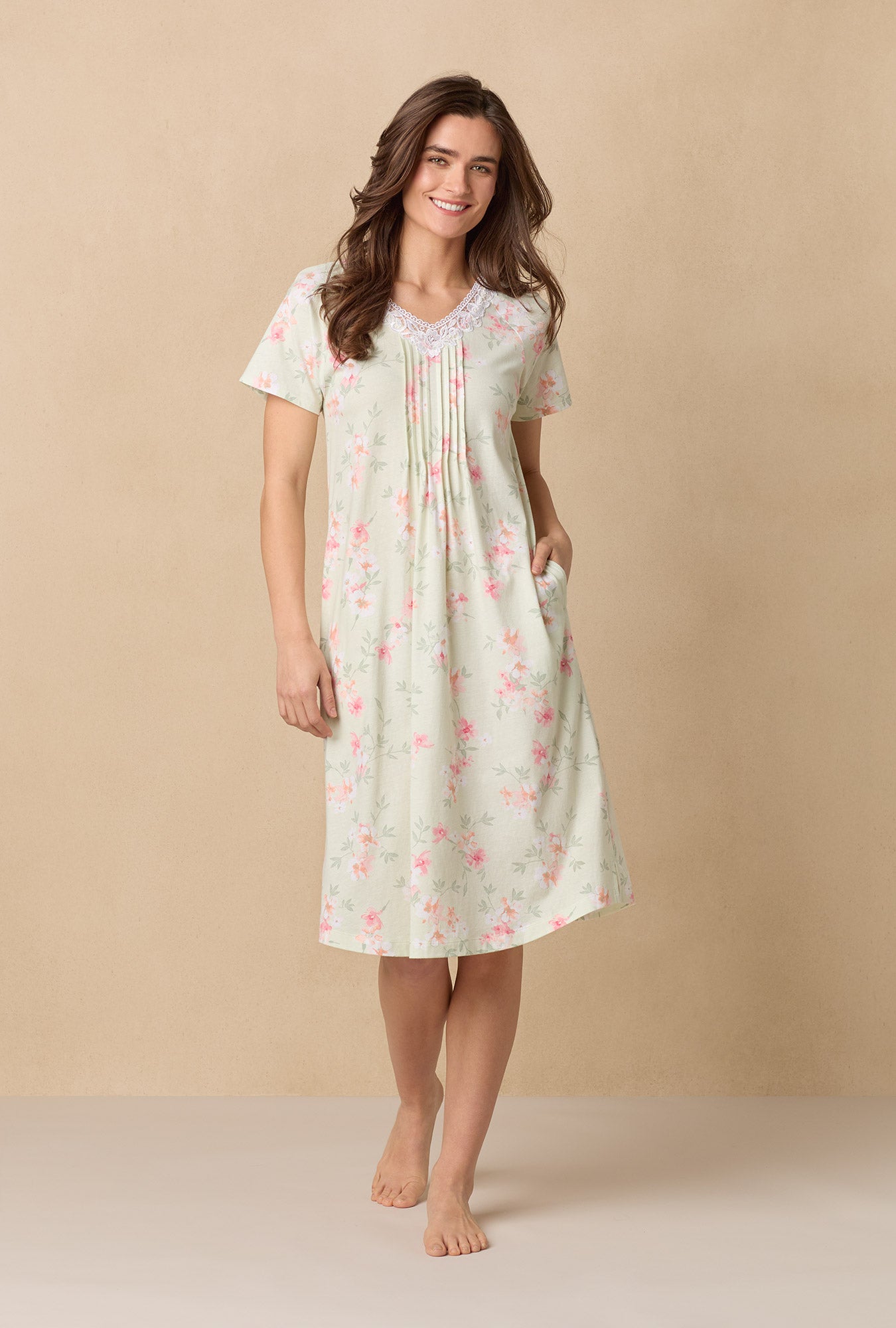A lady wearing Sage Floral Bloom Waltz Cotton Knit Nightgown