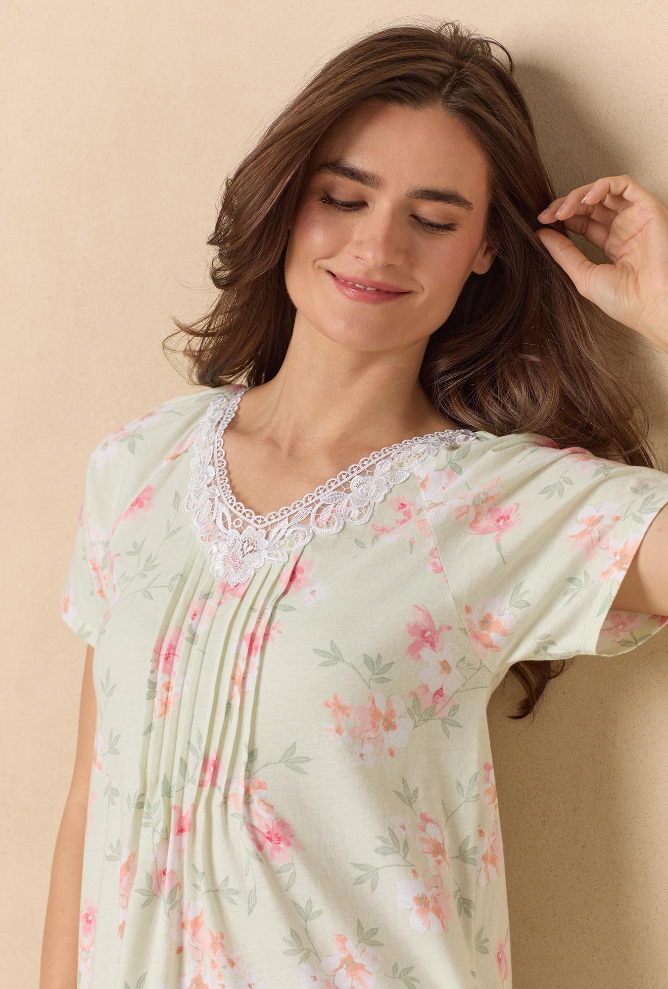 A lady wearing Sage Floral Bloom Waltz Cotton Knit Nightgown