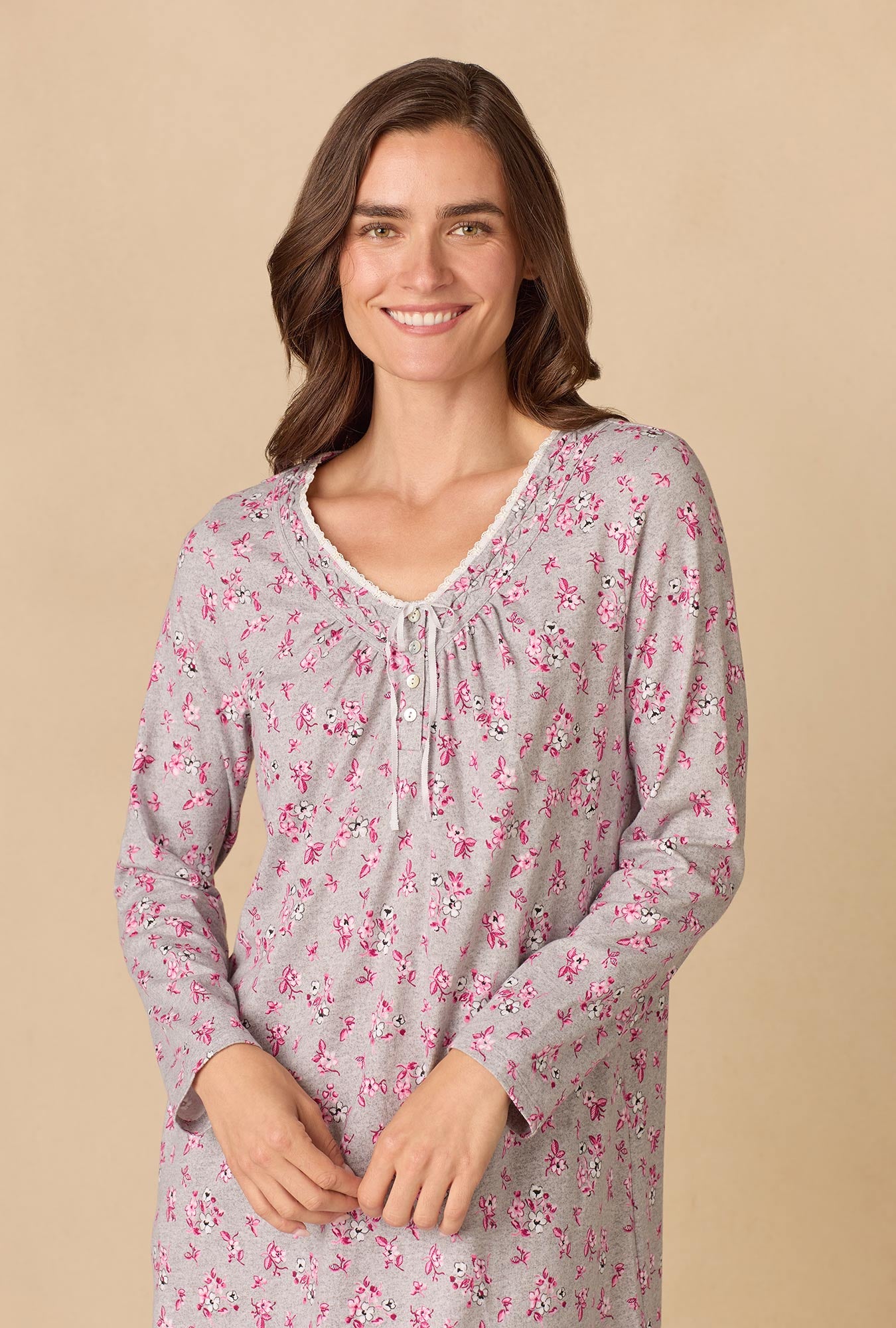 A lady wearing Holiday Floral Cotton Ballet Nightgown