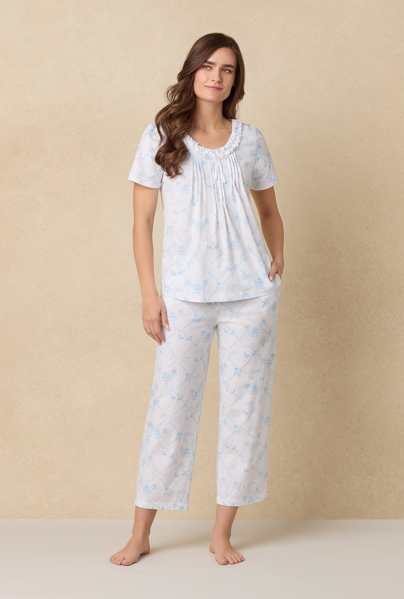 A lady wearing Palm Beach Cotton Capri Pajama Set