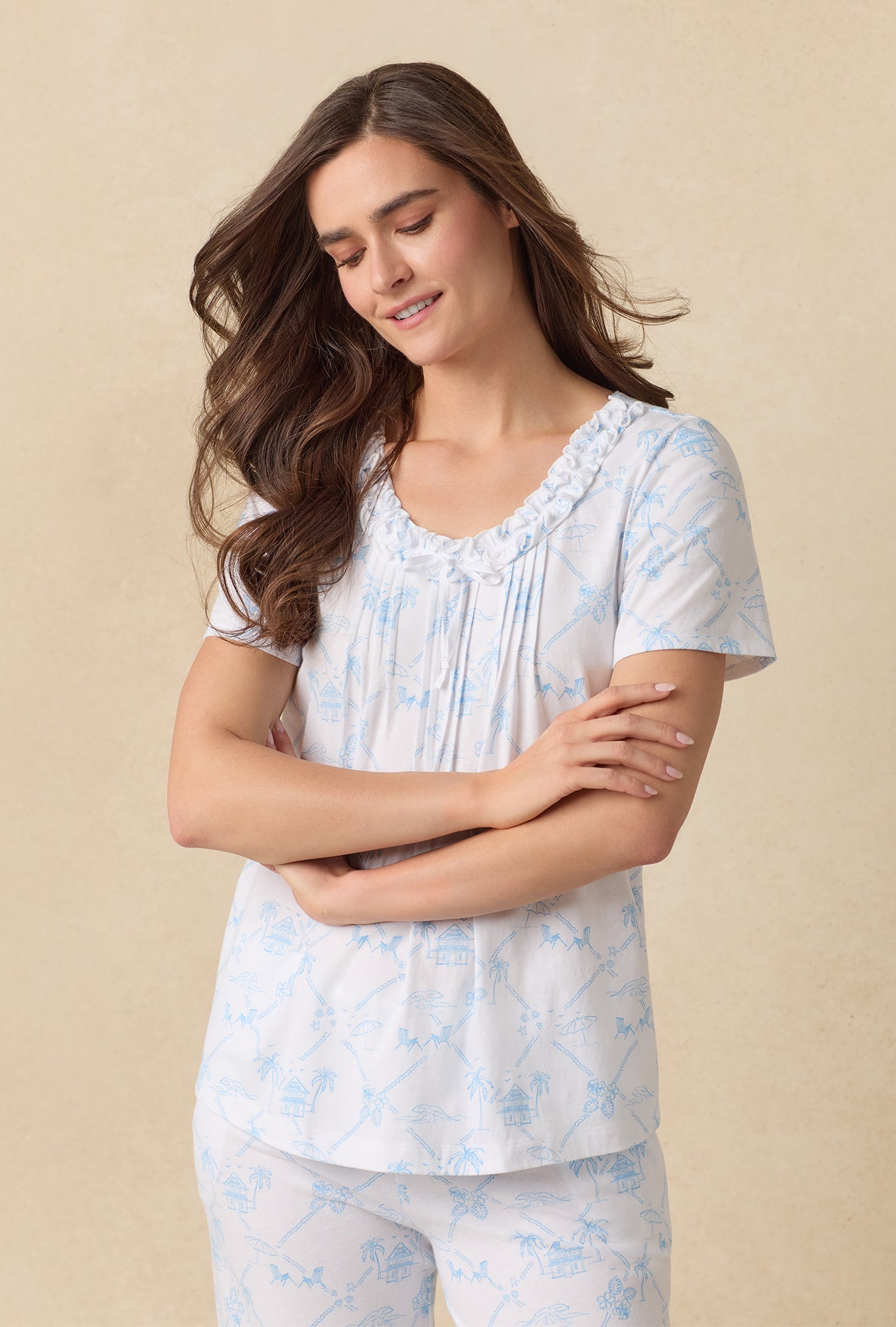 A lady wearing Palm Beach Cotton Capri Pajama Set