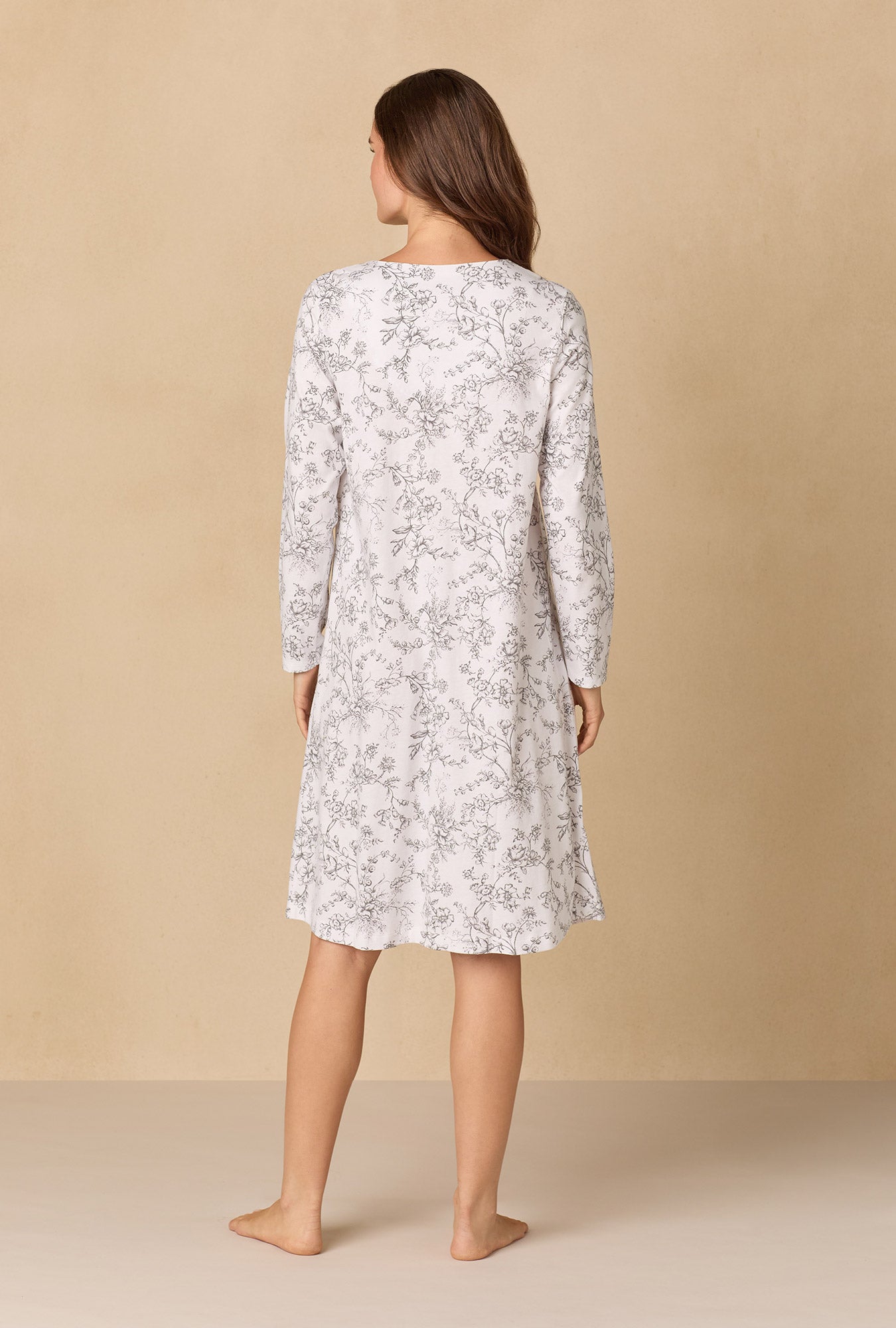 A lady wearing Grey Toile Cotton Waltz Nightgown