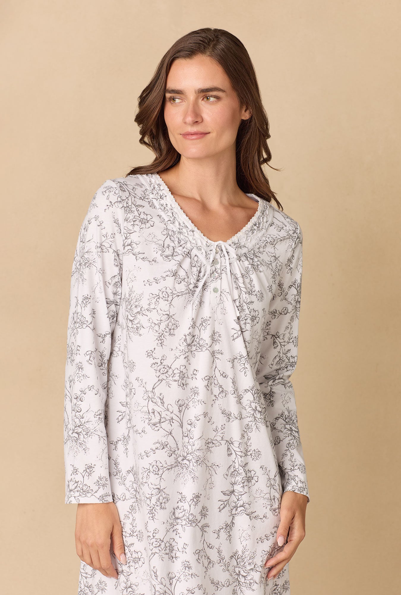 A lady wearing Grey Toile Cotton Waltz Nightgown