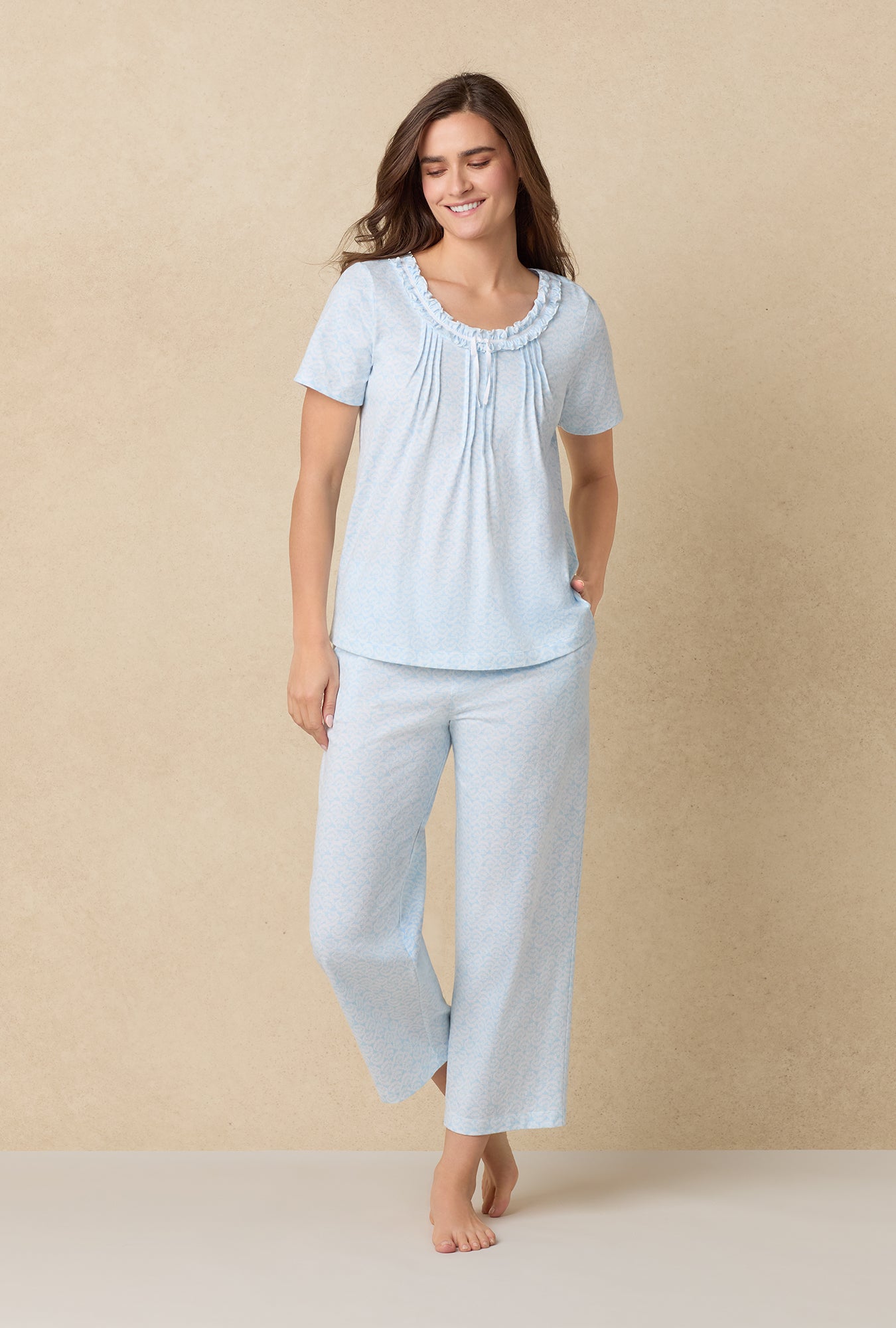 A lady wearing Blue Shells Cotton Capri Pajama Set
