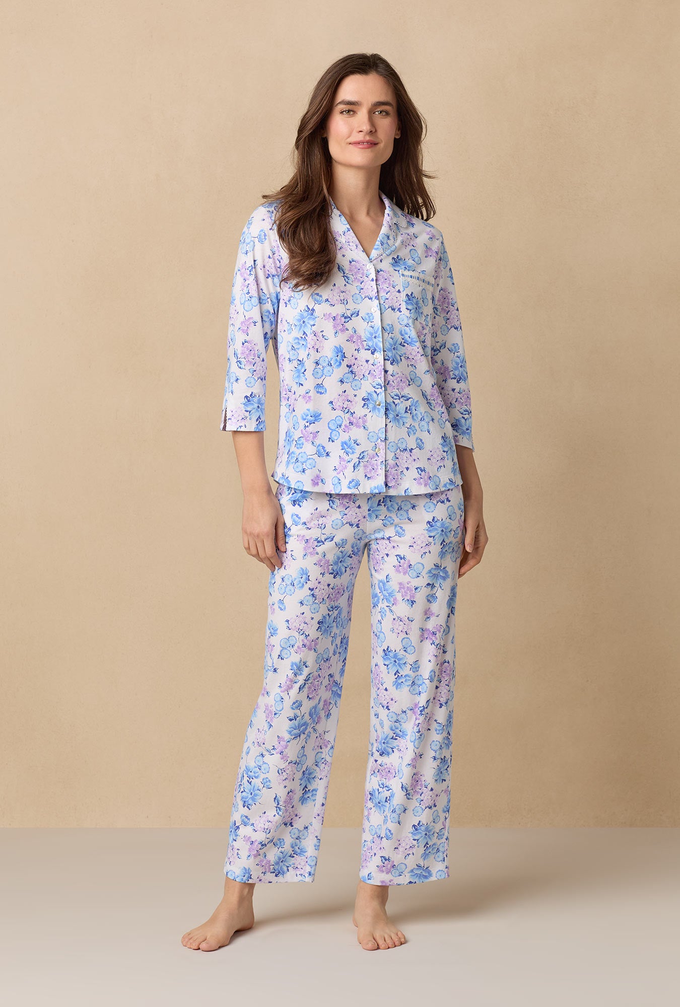 A lady wearing Purple Hydrangea Cotton Long Pajama Set