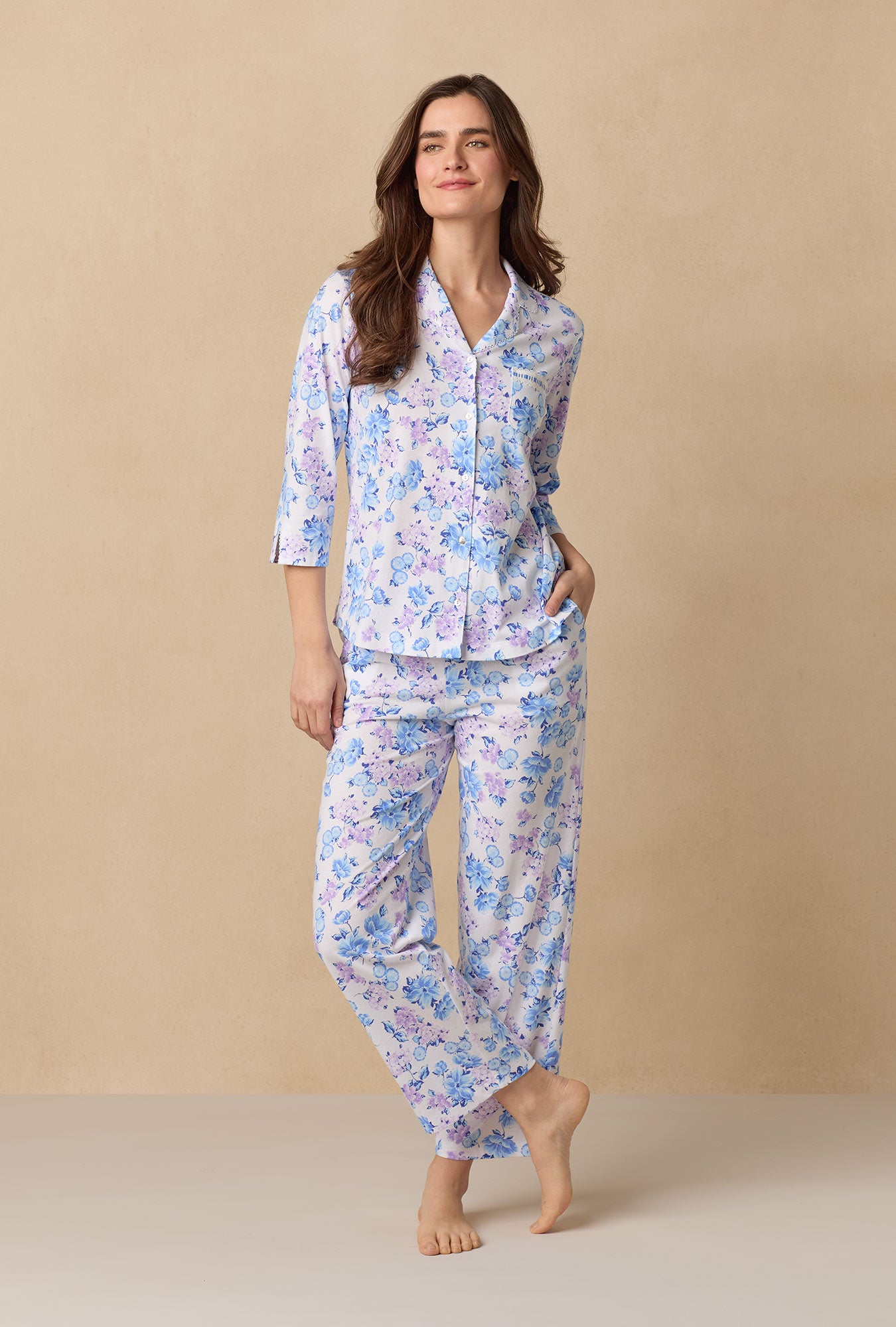 A lady wearing Purple Hydrangea Cotton Long Pajama Set
