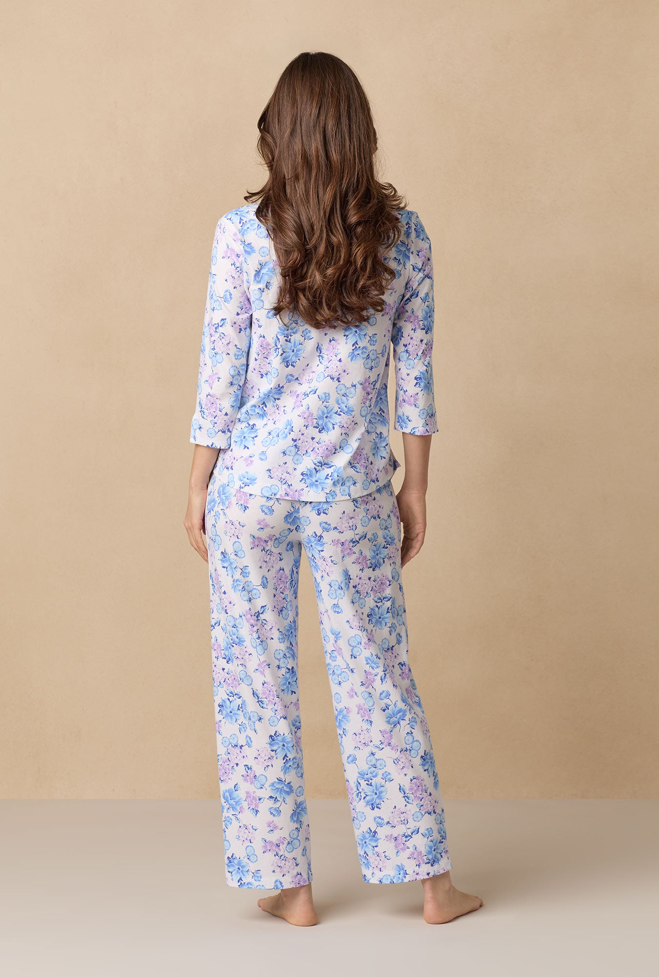 A lady wearing Purple Hydrangea Cotton Long Pajama Set