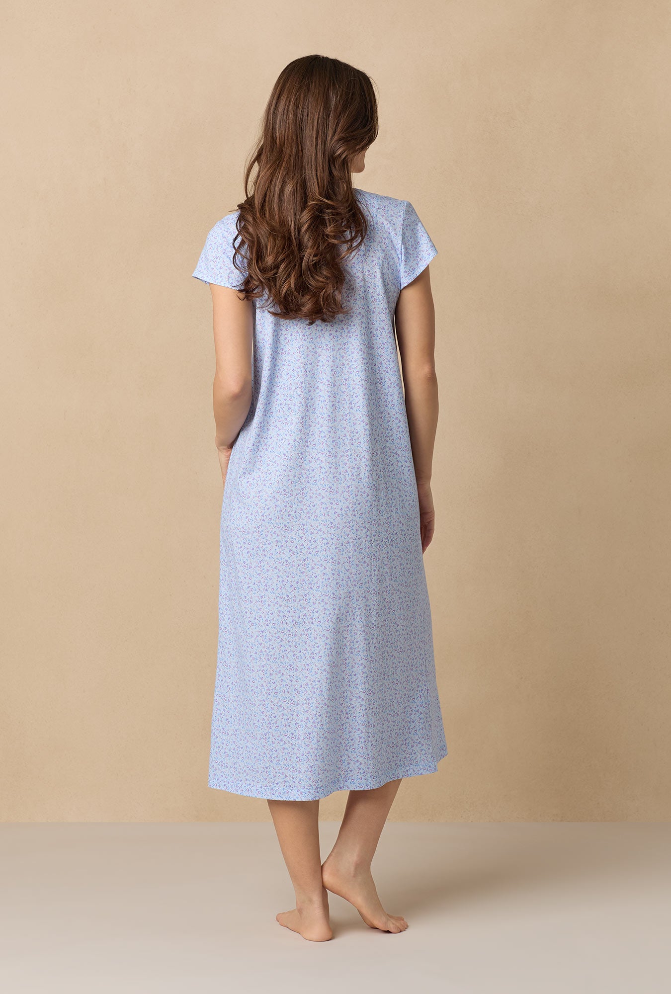 A lady wearing Dreamy Ditsy Cap Sleeve Cotton Ballet Nightgown