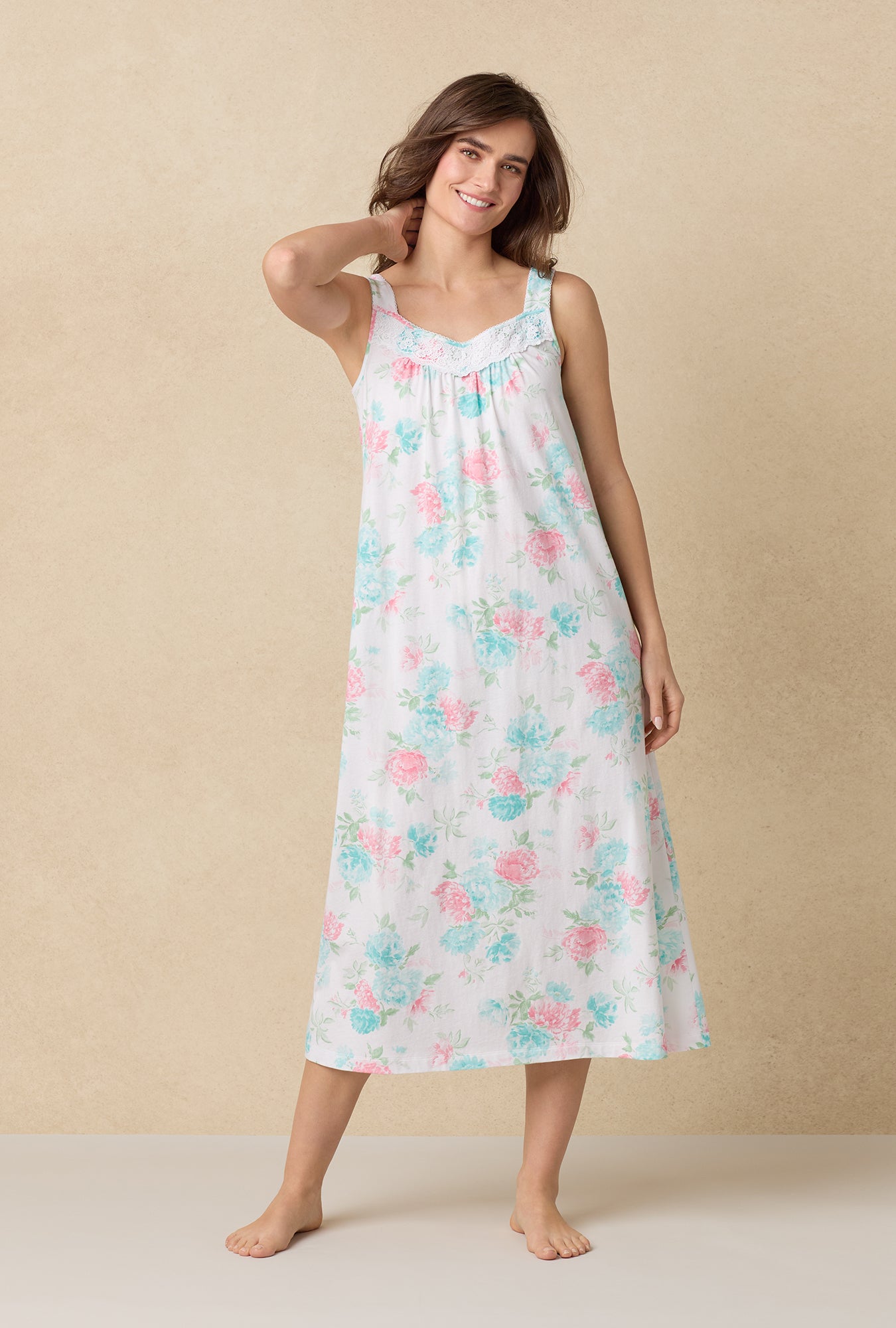 A lady wearing Precious Peony Cotton Ballet Nightgown