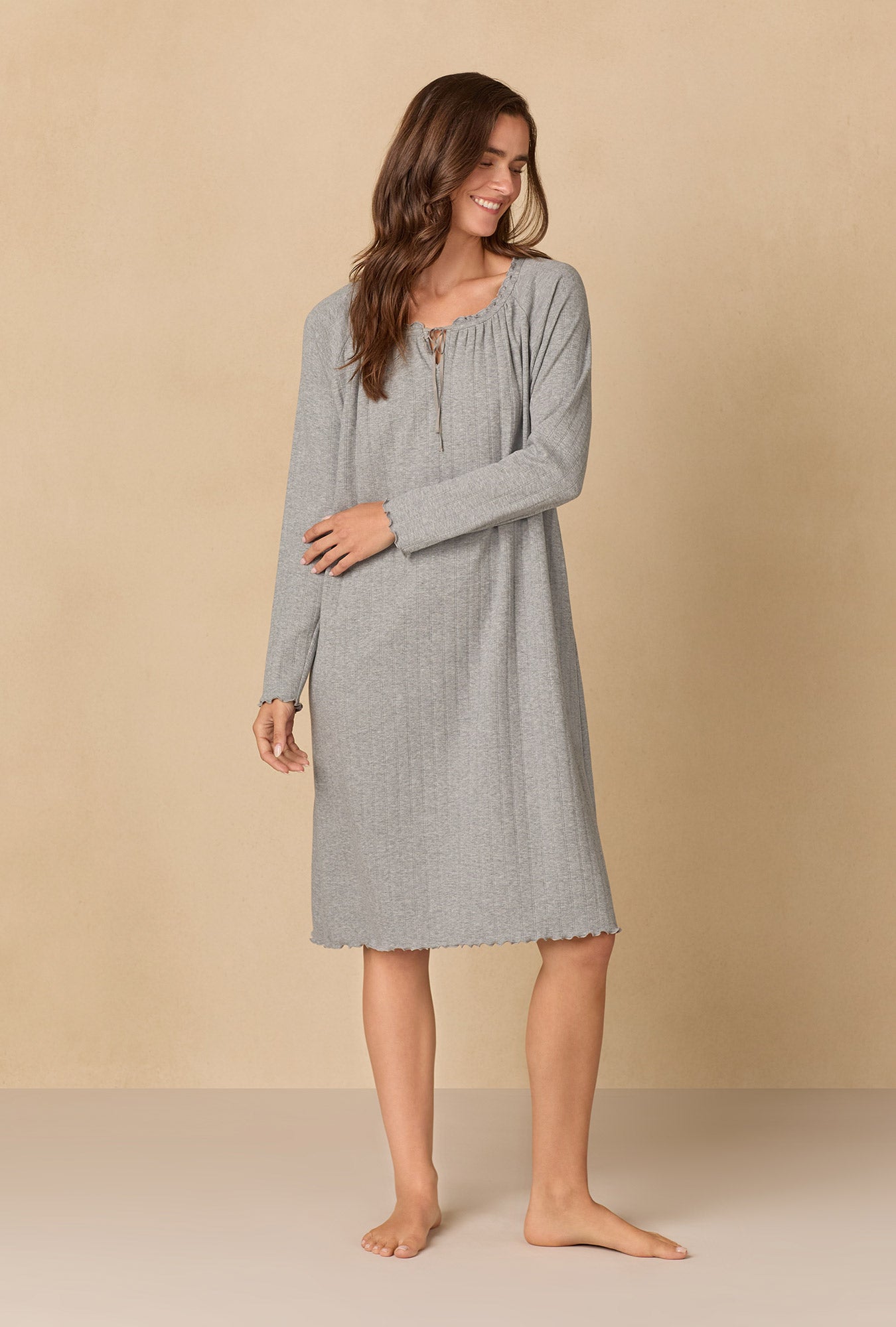 A lady wearing Heather Grey Pointelle Waltz Nightgown