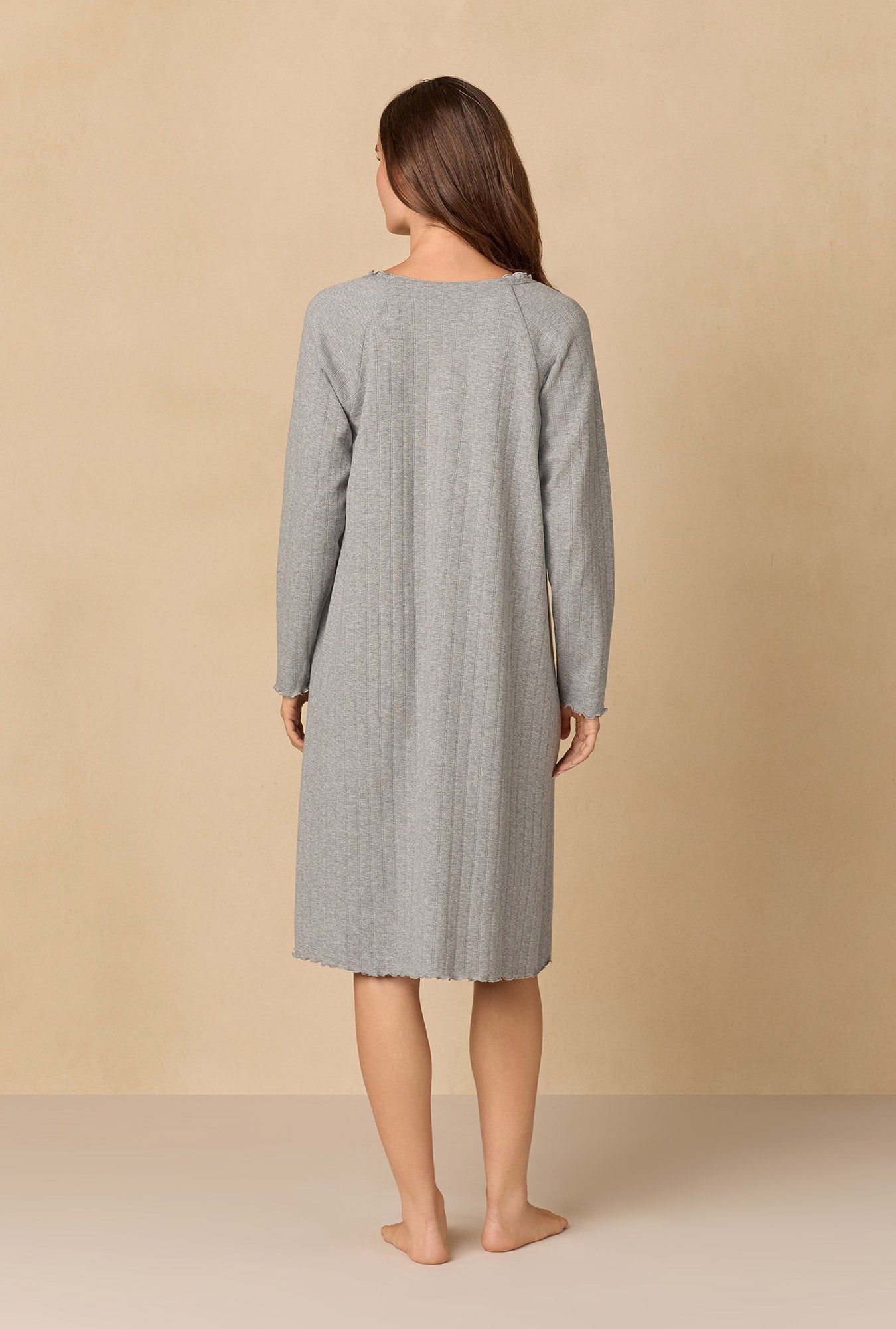 A lady wearing Heather Grey Pointelle Waltz Nightgown