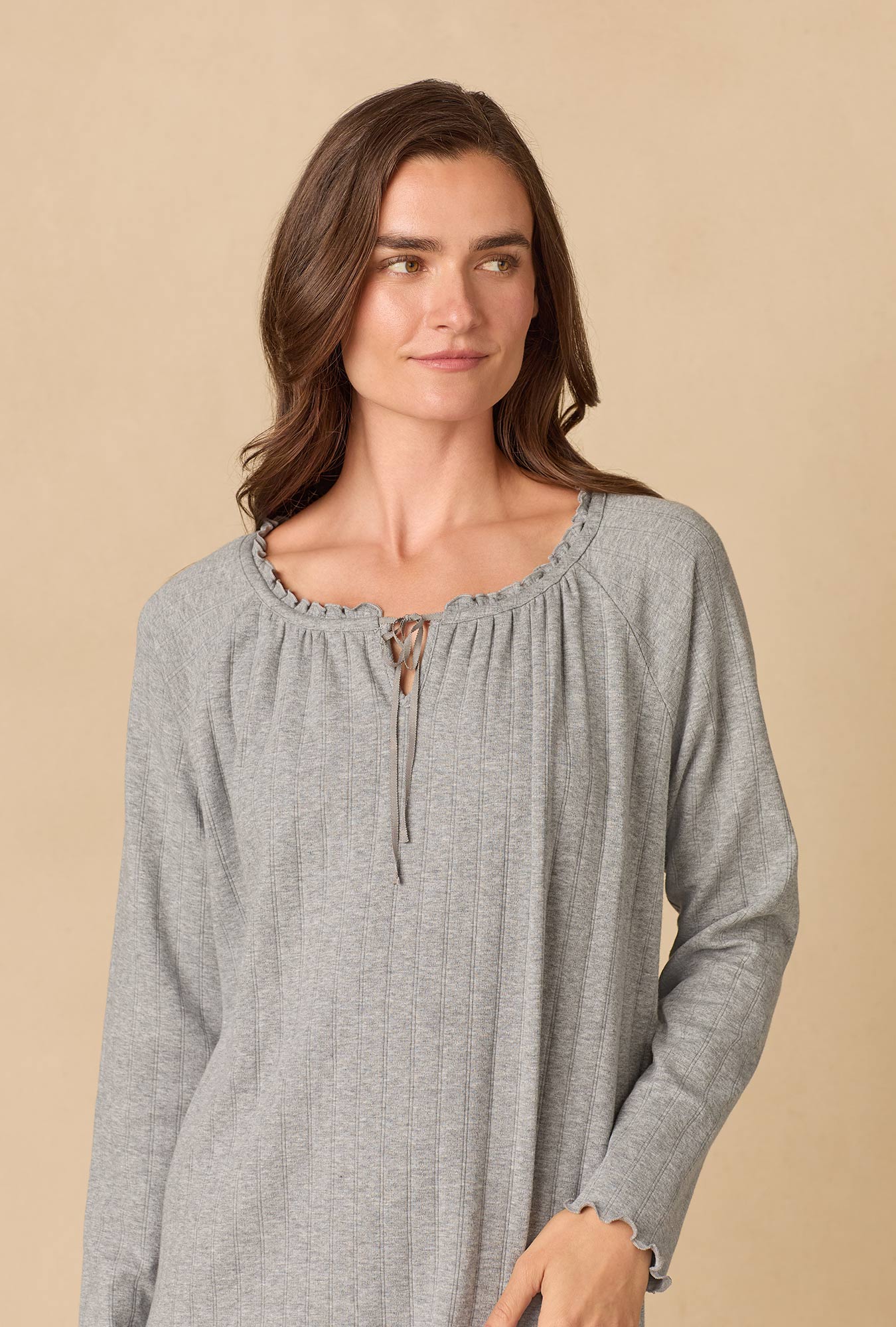 A lady wearing Heather Grey Pointelle Waltz Nightgown