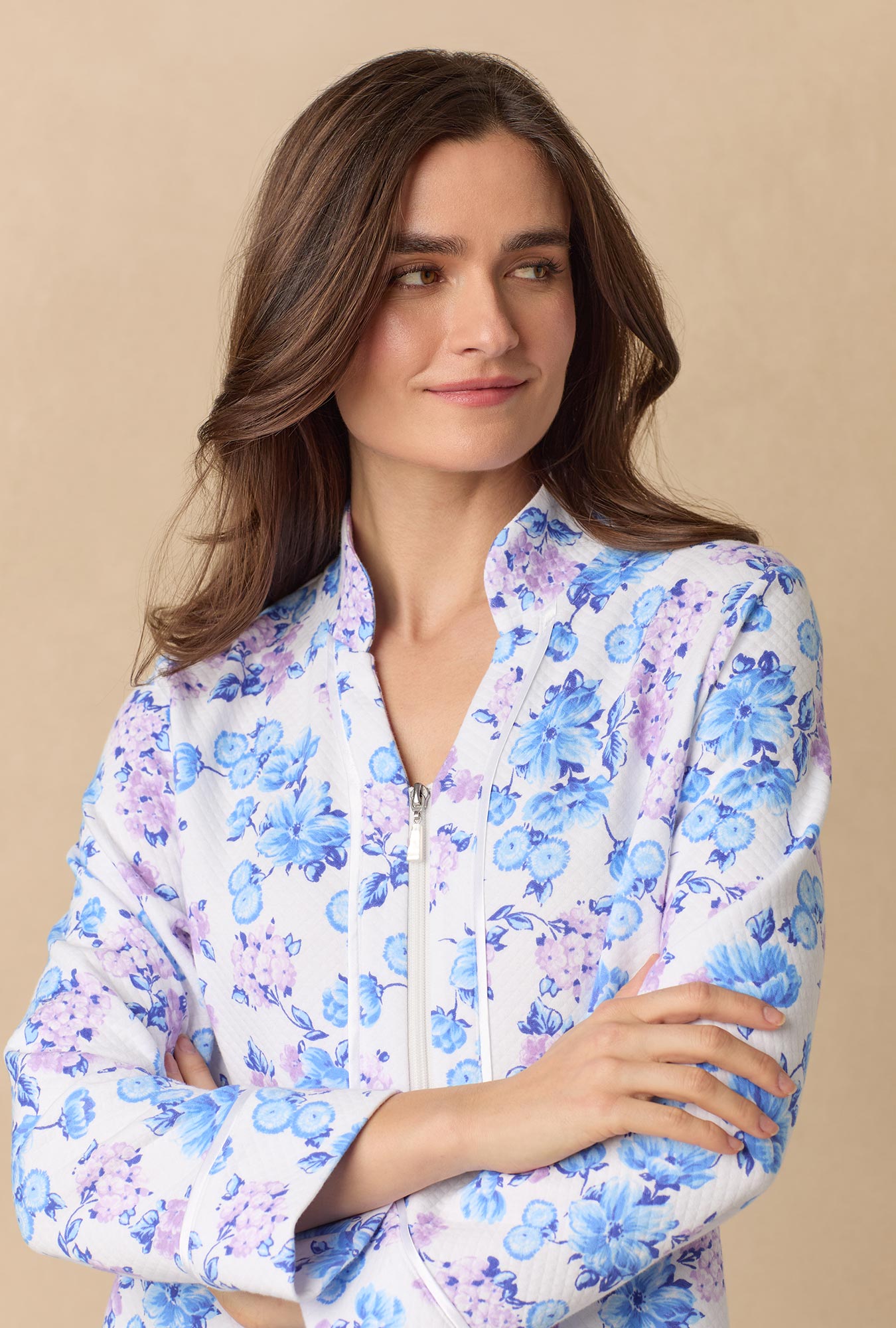 A lady wearing Purple Hydrangea 
long sleeve diamond quilted zip robe.
