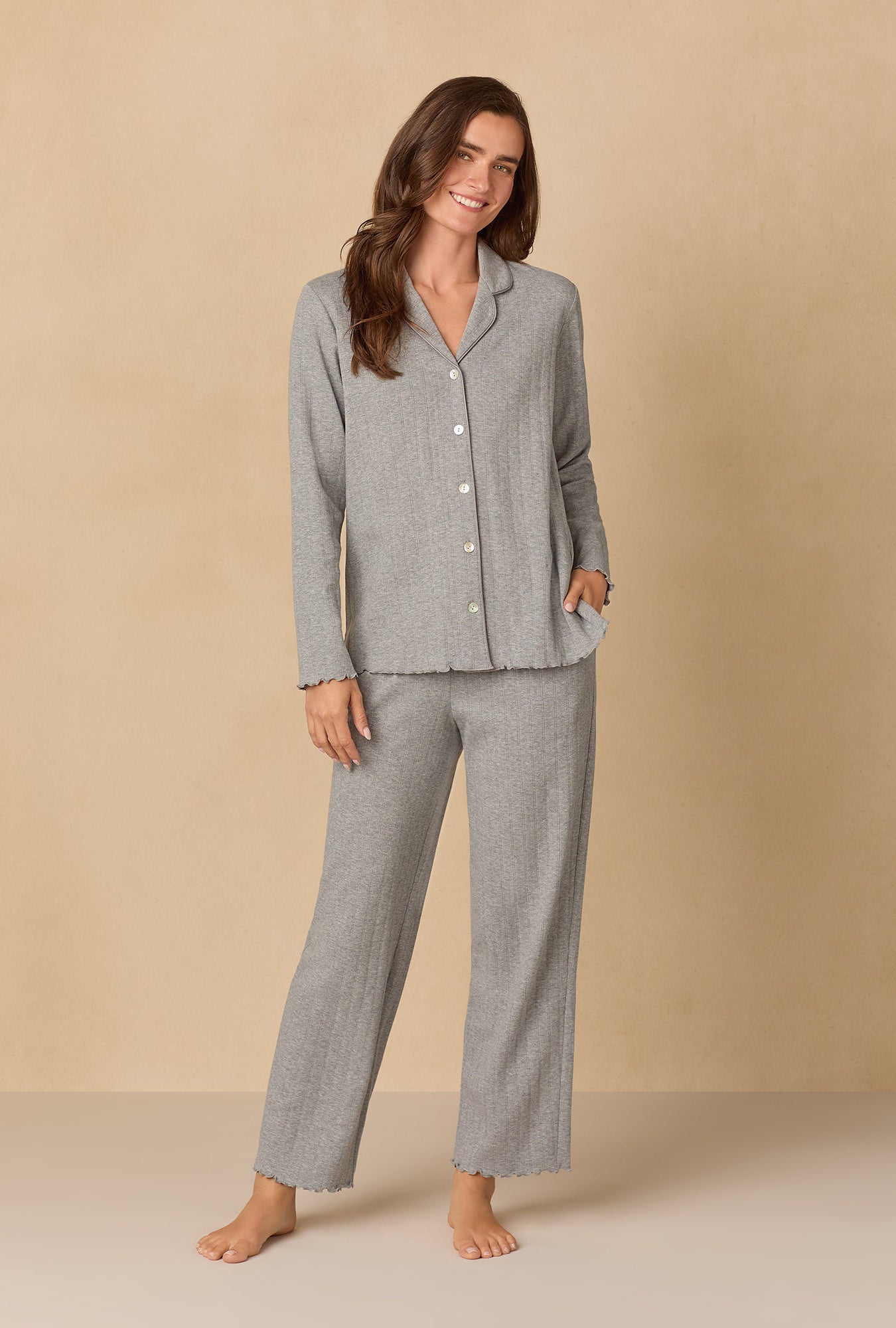 A lady wearing Heather Grey Pointelle Long Pajama Set