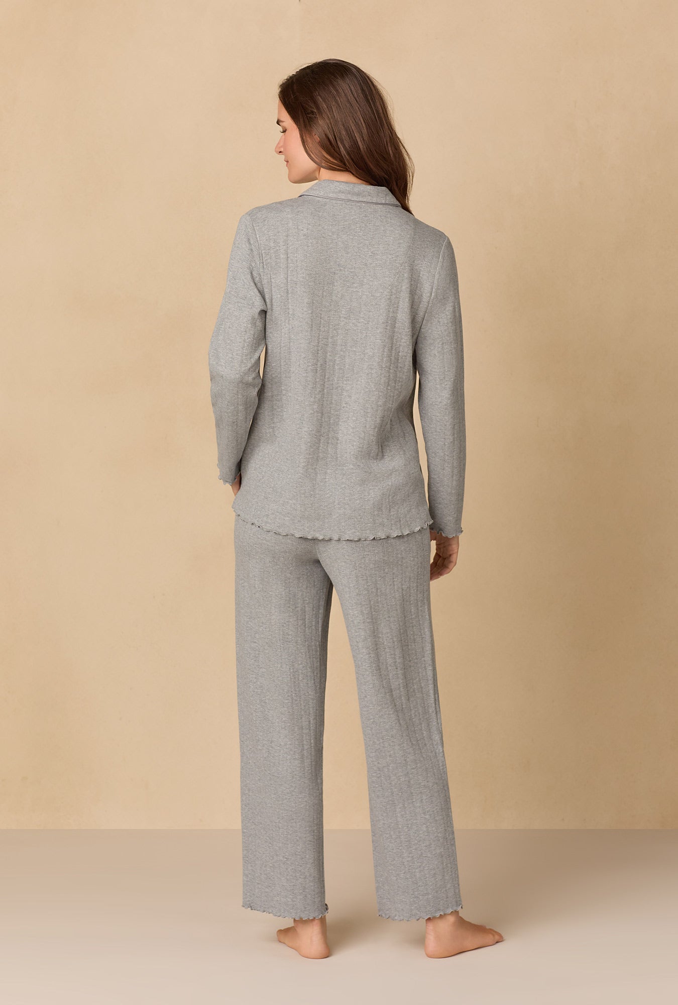 A lady wearing Heather Grey Pointelle Long Pajama Set