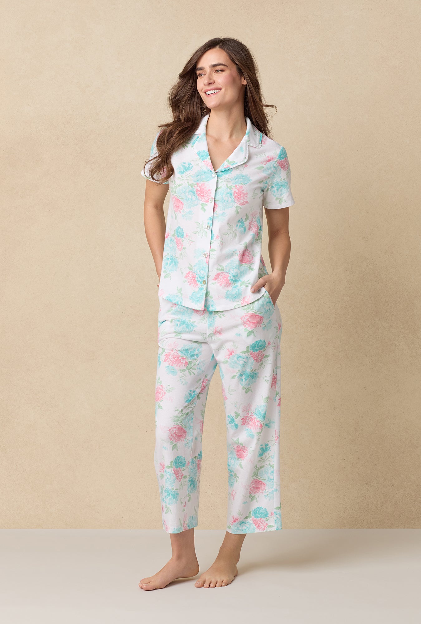 A lady wearing Precious Peony Cotton Capri Pajama Set