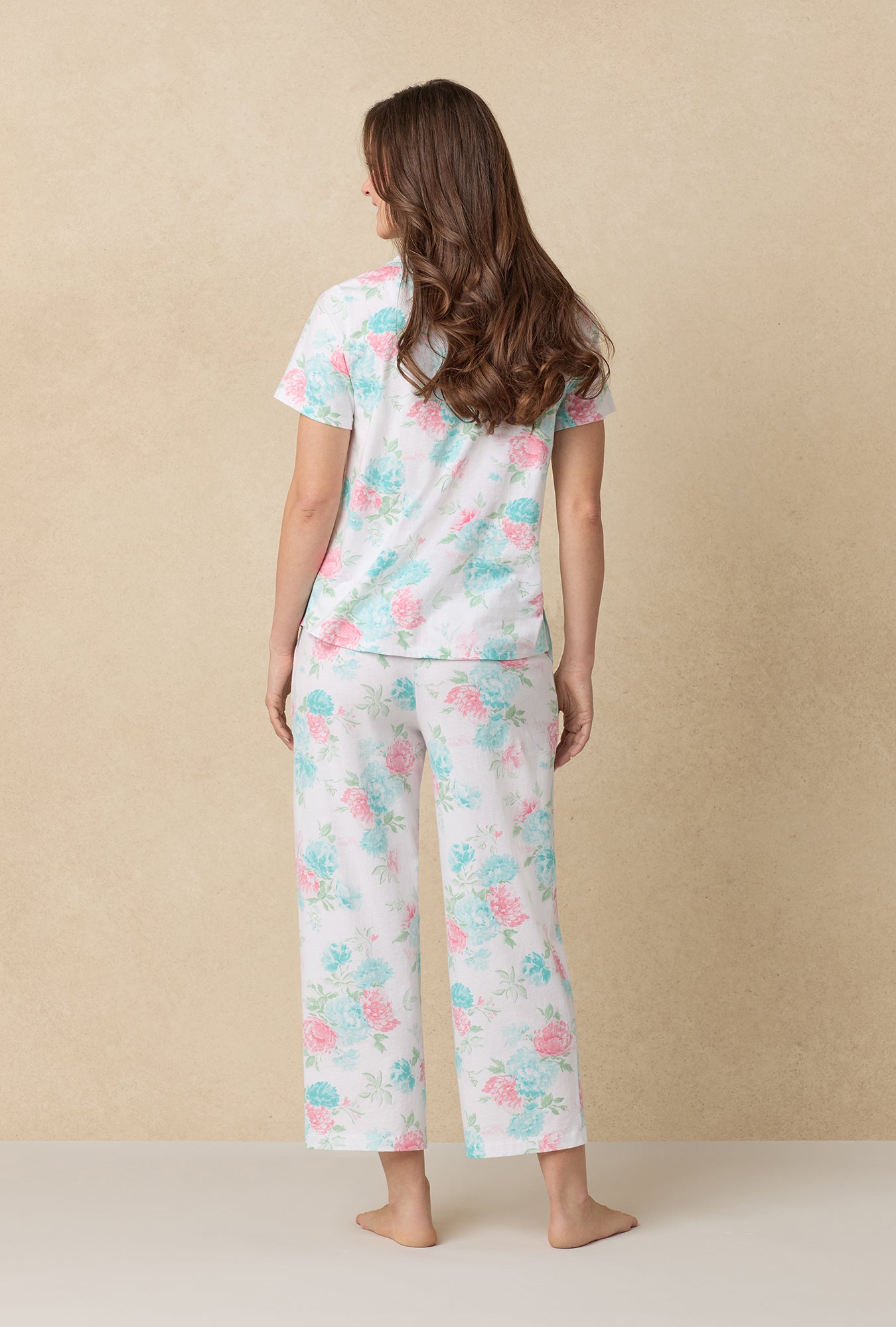 A lady wearing Precious Peony Cotton Capri Pajama Set