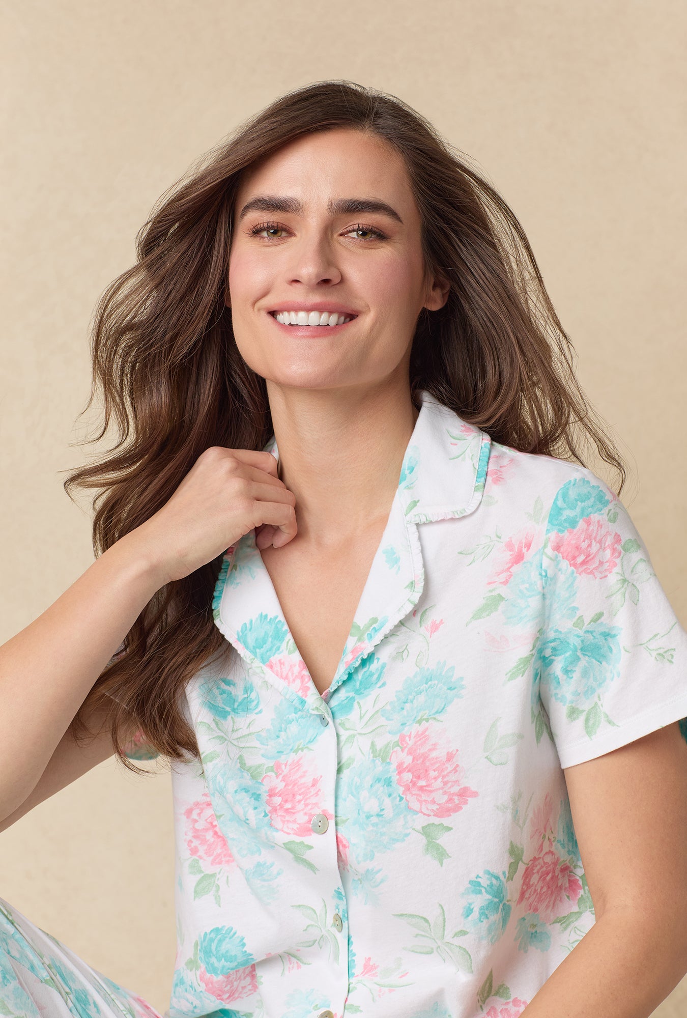 A lady wearing Precious Peony Cotton Capri Pajama Set