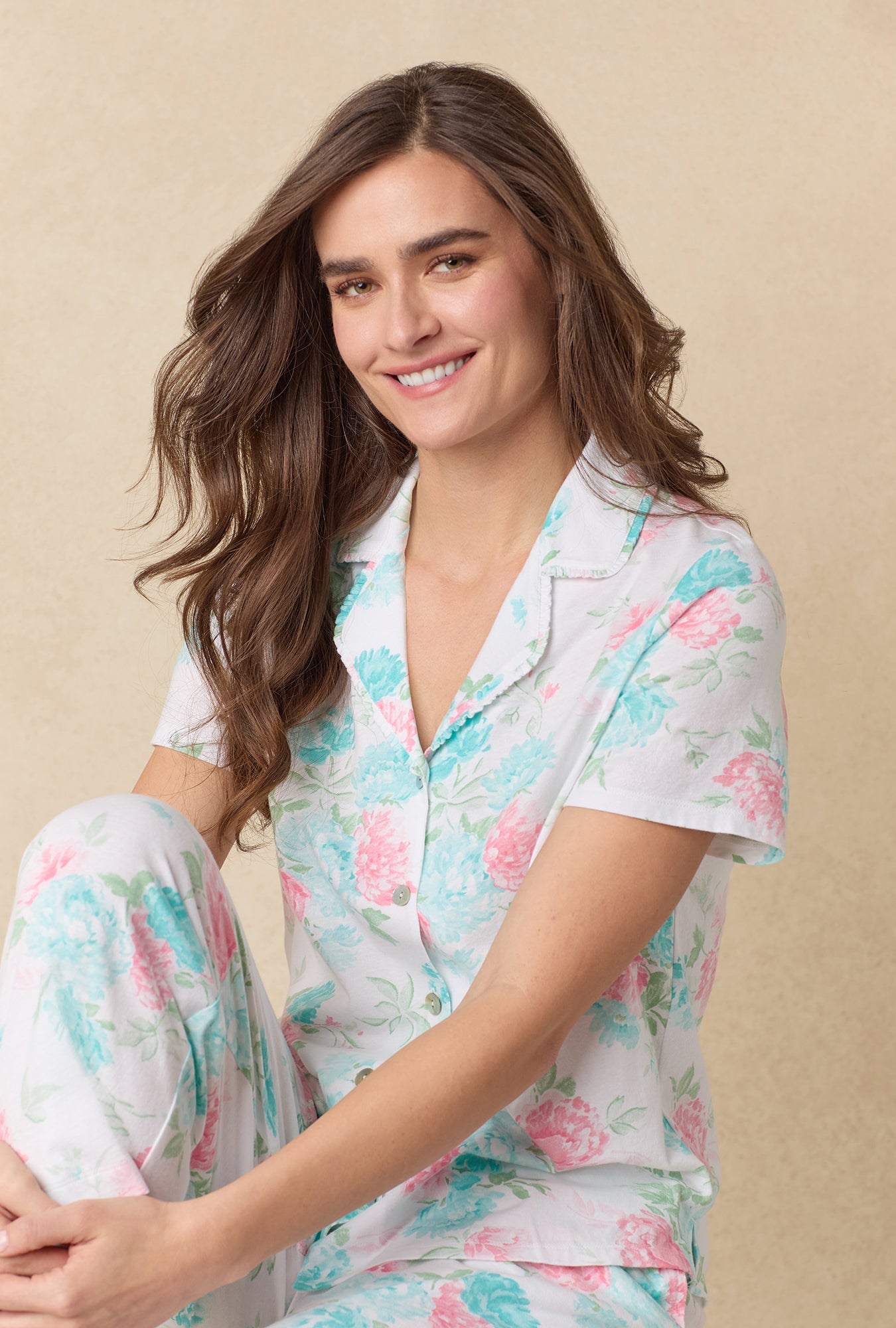 A lady wearing Precious Peony Cotton Capri Pajama Set