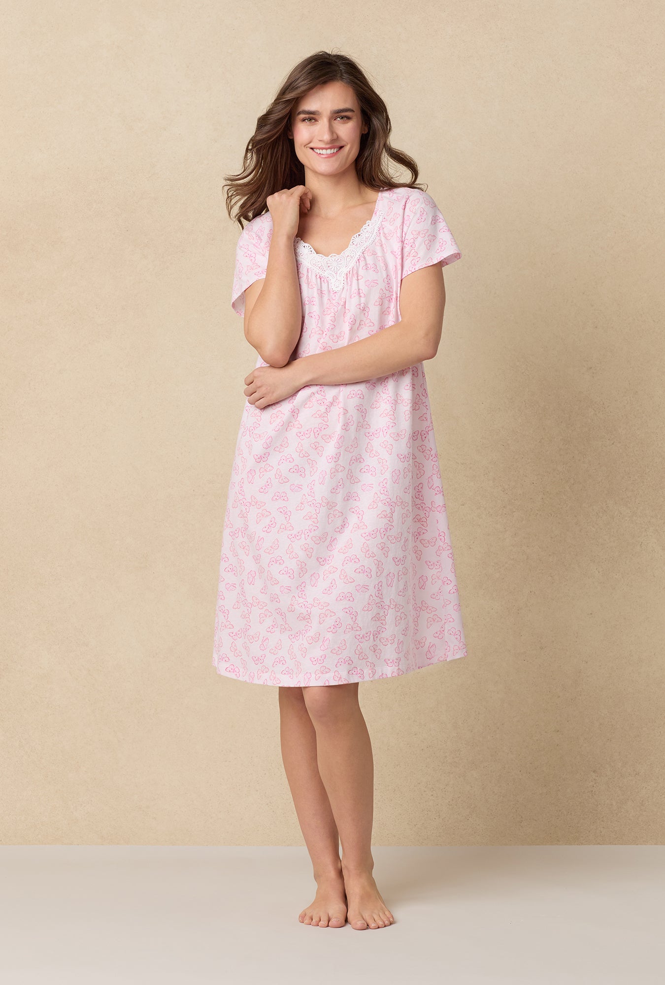 A lady wearing Pink Butterfly Cotton Waltz Nightgown