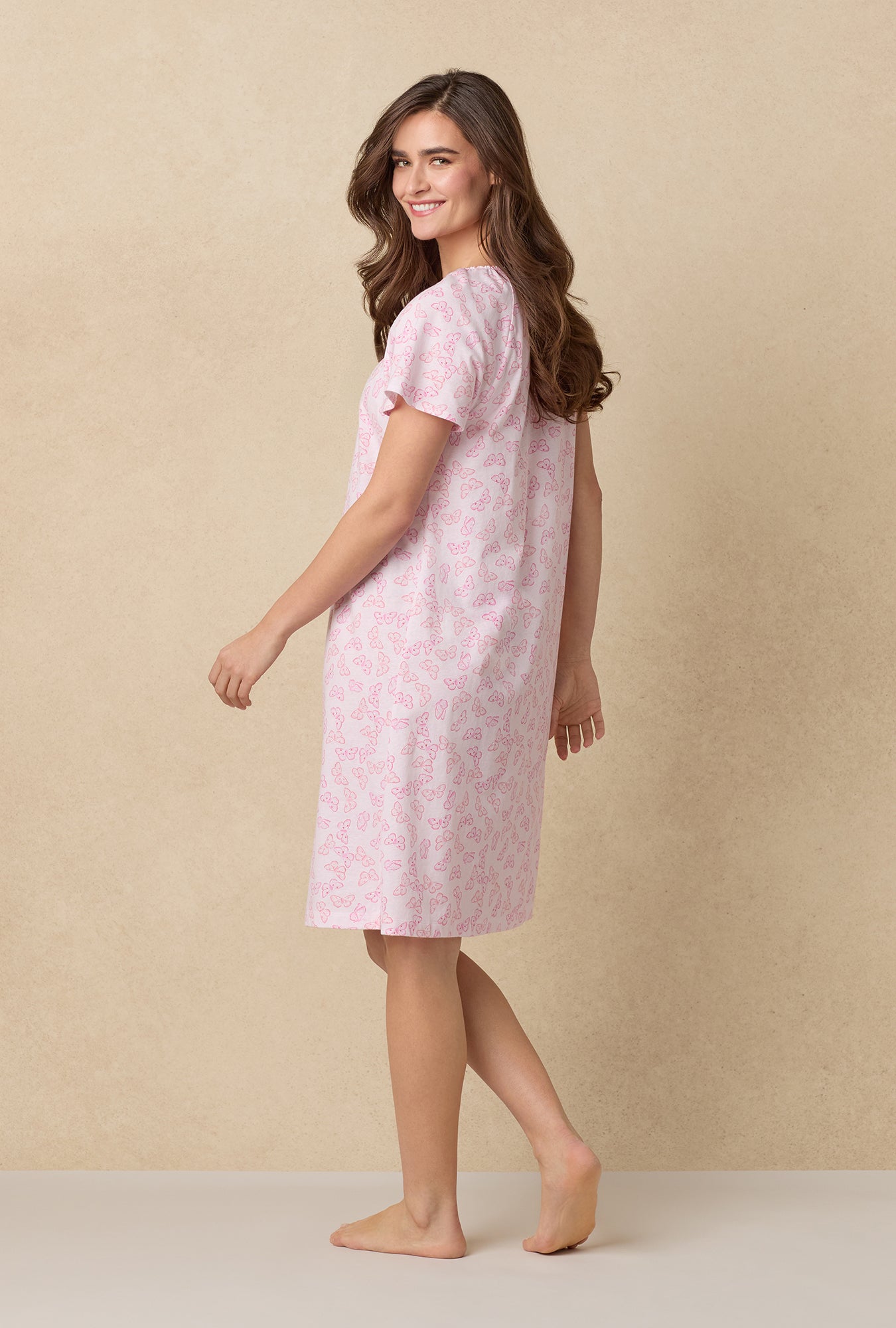 A lady wearing Pink Butterfly Cotton Waltz Nightgown