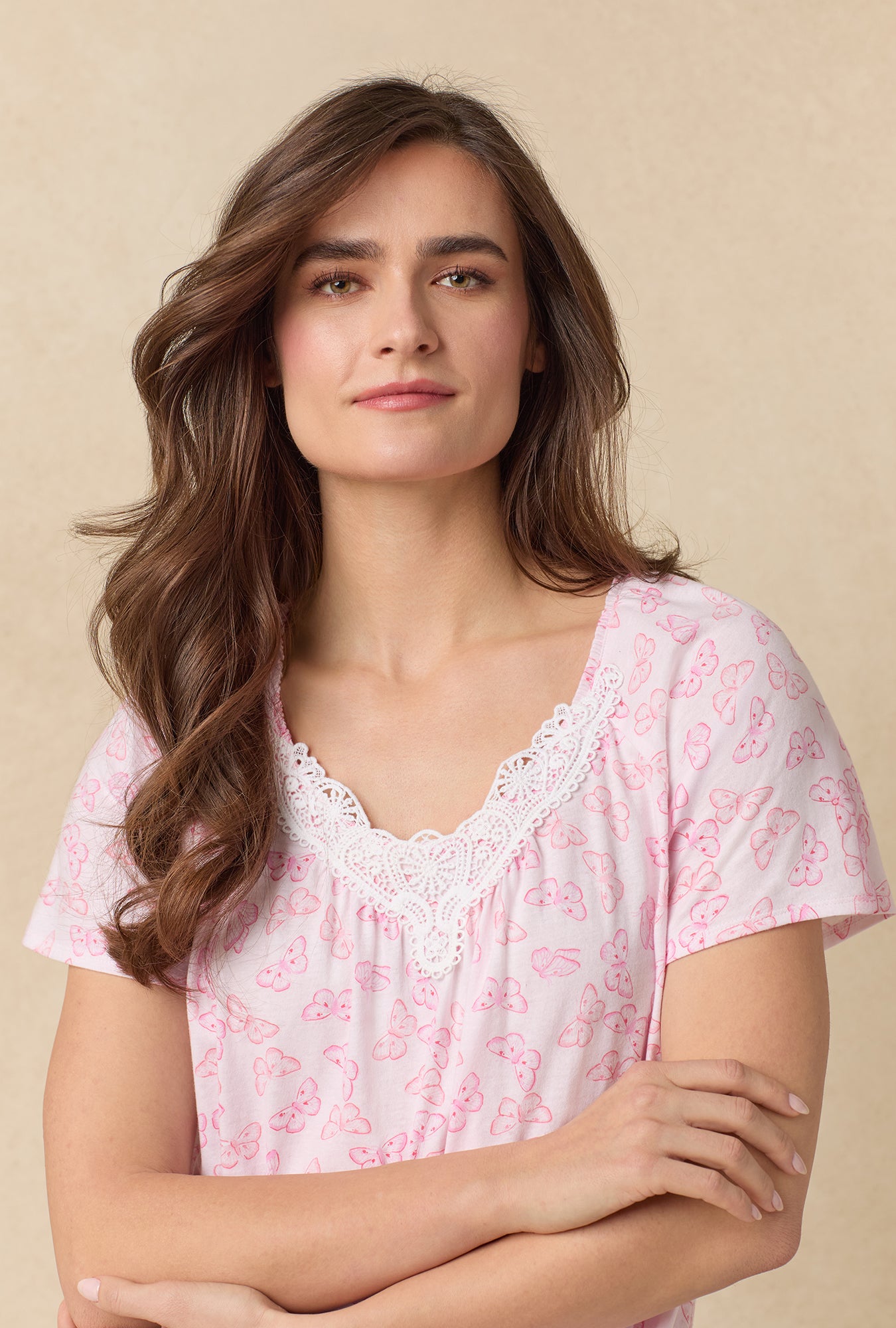 A lady wearing Pink Butterfly Cotton Waltz Nightgown