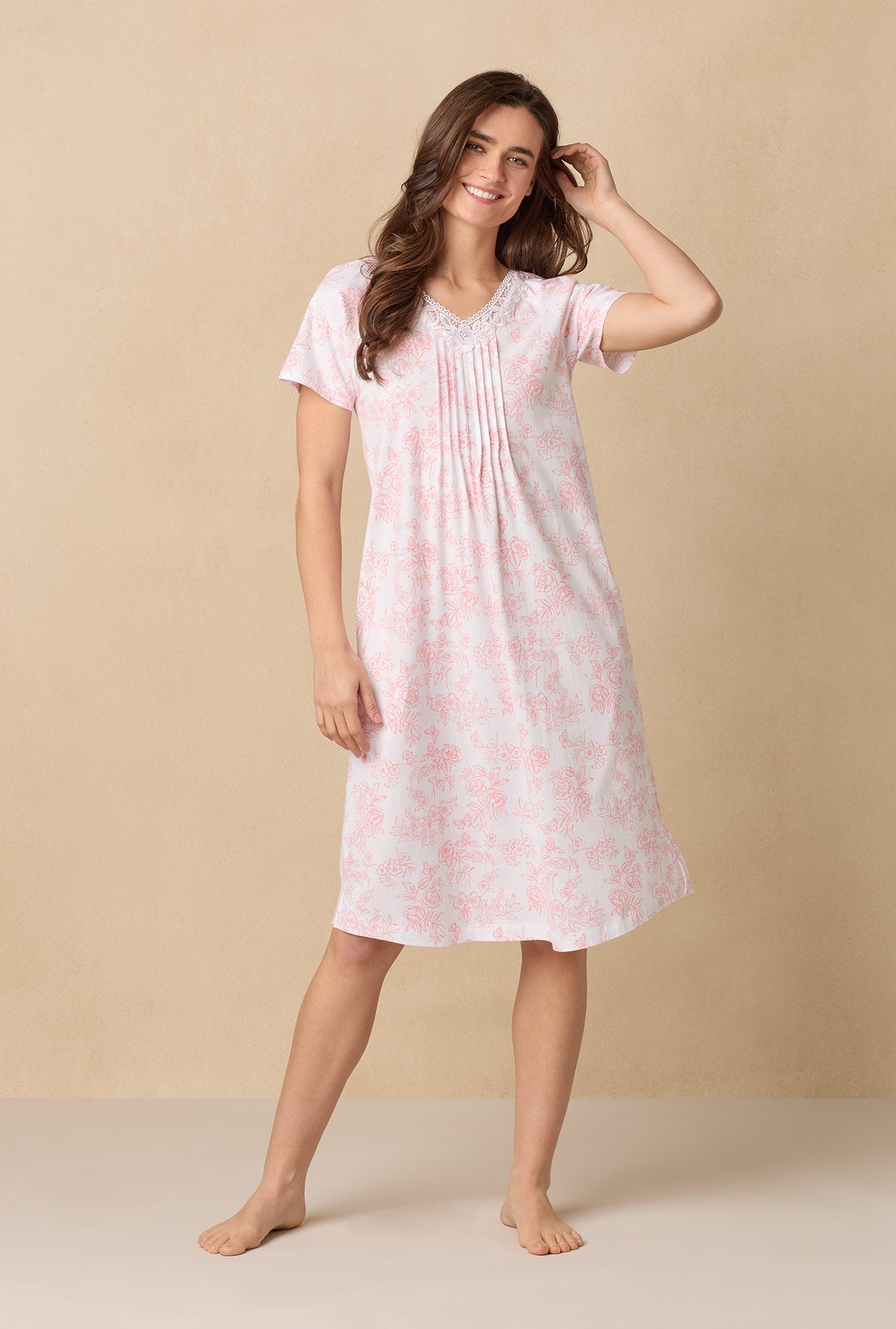 A lady wearing Coral Toile Waltz Cotton Knit Nightgown